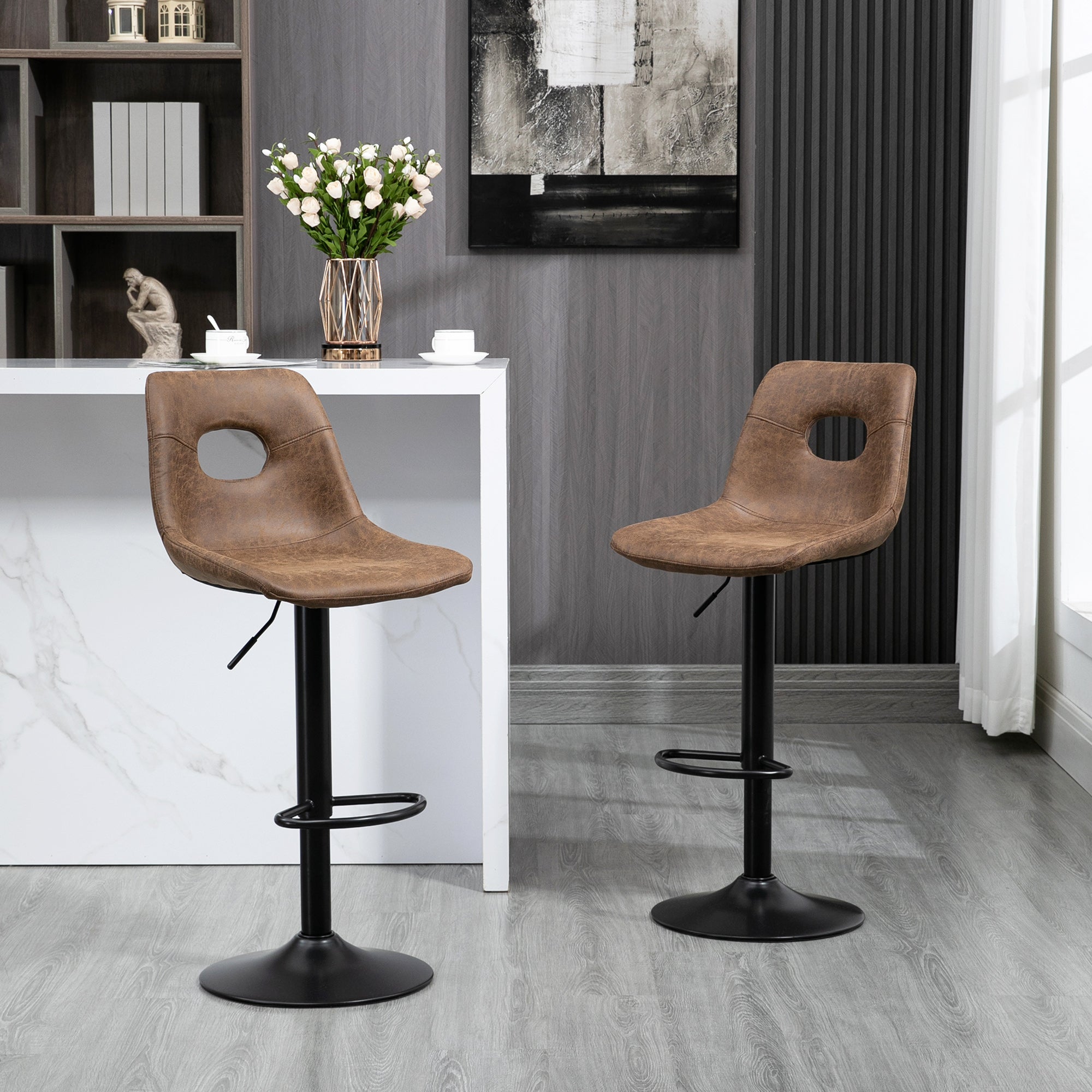HOMCOM Bar Stools Set of 2, Adjustable Breakfast Dining Stools with Backrest, Footrest, Microfiber Cloth Kithchen Island Counter, Brown - North Peak Garden Furniture