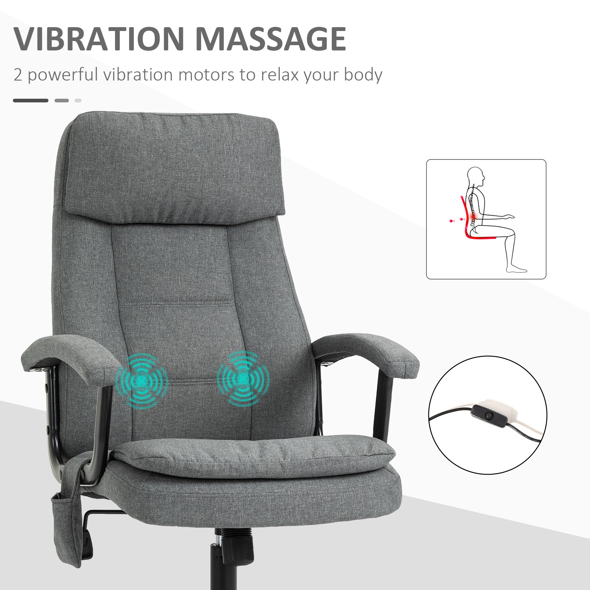 Vinsetto Office Chair, Linen Fabric Desk Chair with 2 Point Massage in Lumbar, Adjustable Height, Rolling Wheels, Grey - North Peak Garden Furniture