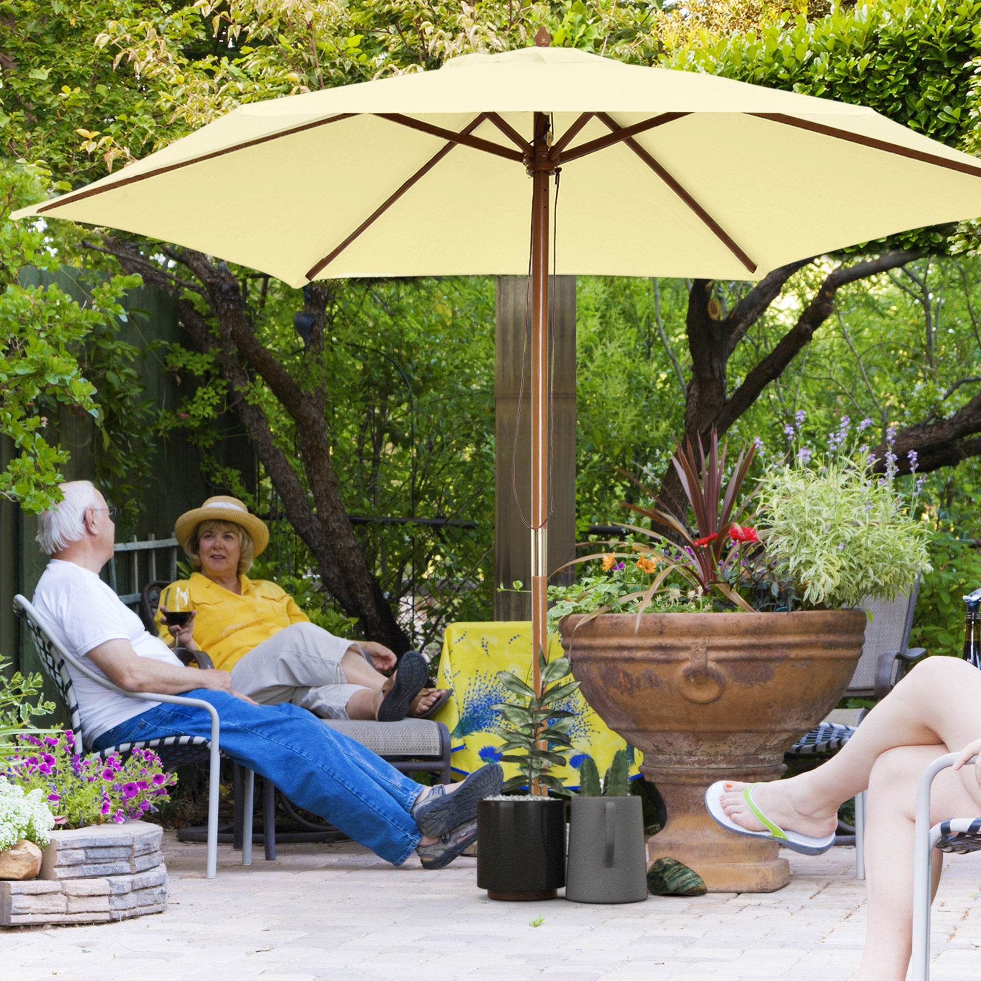 Outsunny 2.5m Wood Garden Parasol Sun Shade Patio Outdoor Wooden Umbrella Canopy Cream White - North Peak Garden Furniture