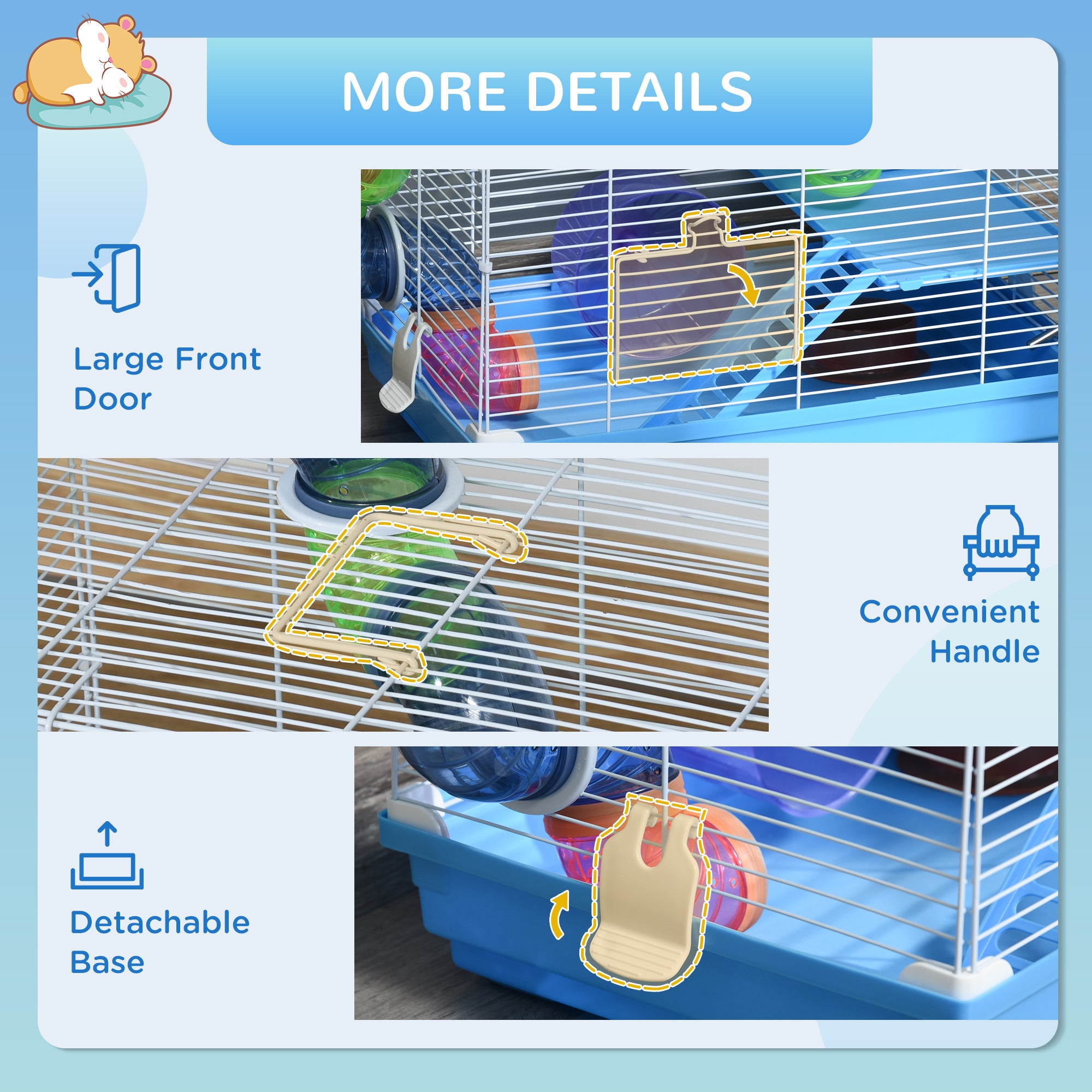 Pawhut 2 Tier Hamster Cage Carrier Habitat Small Animal House with Exercise Wheels Tunnel Tube Water Bottle Dishes House Ladder for Dwarf, Blue - North Peak Garden Furniture