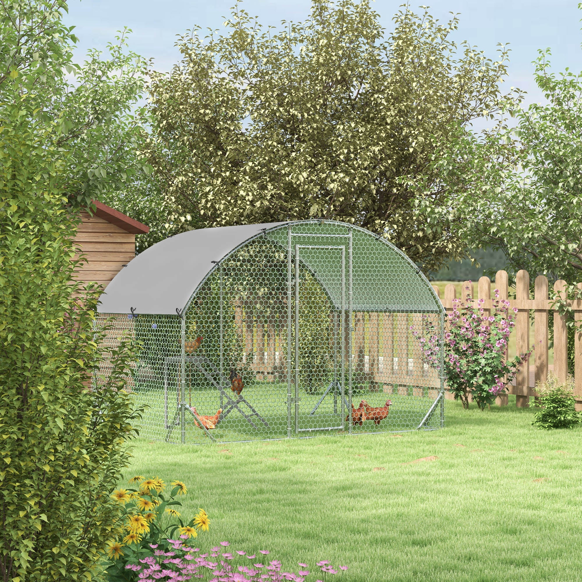 PawHut Walk-In Chicken Run, Metal Chicken Coop with Cover, Outdoor Hen Poultry House Cage with Chicken Activity Shelf, for Chickens, Rabbits, Ducks, 2.8 x 1.9 x 2m - North Peak Garden Furniture