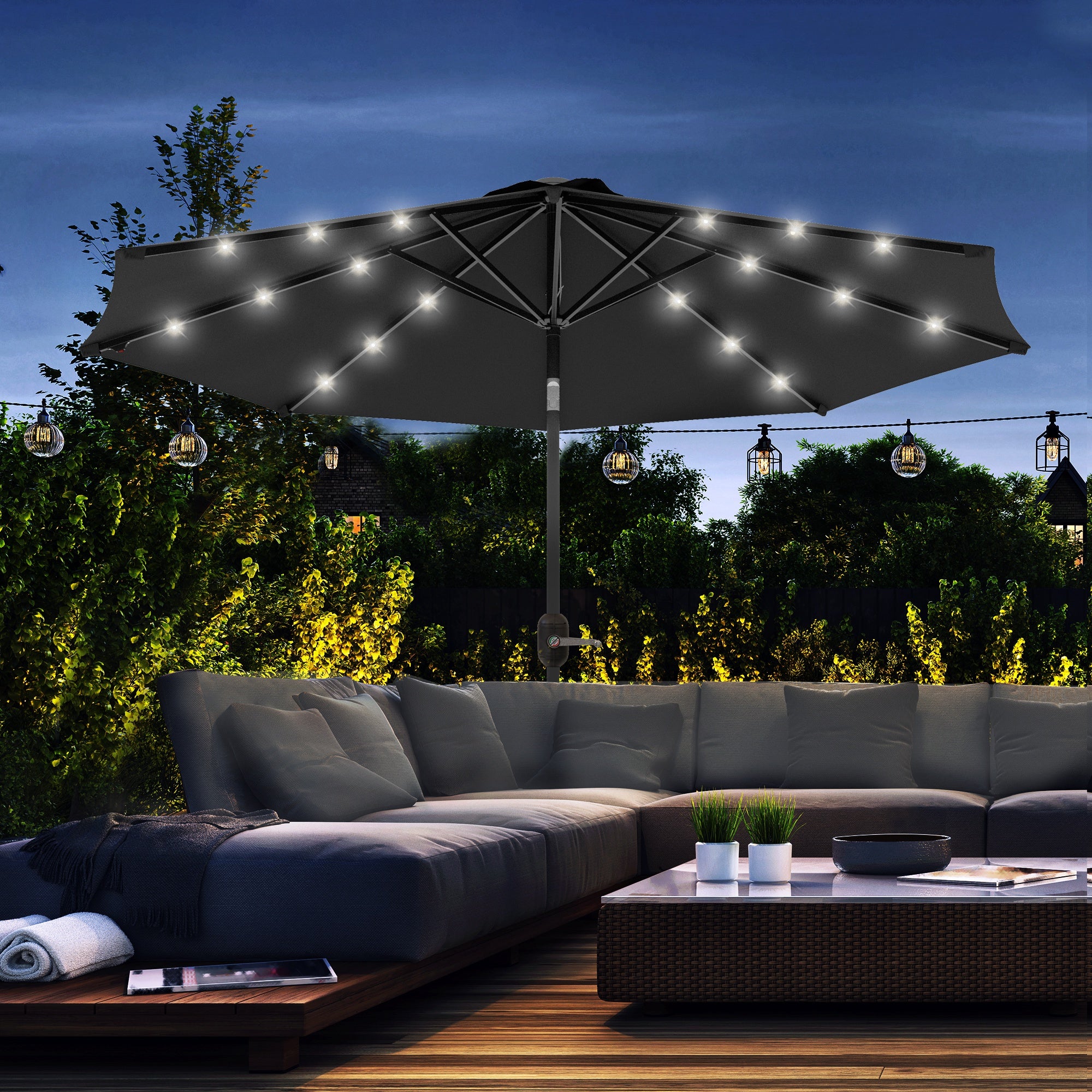 Outsunny 2.7m Outdoor Patio Garden Umbrella Parasol with Tilt Crank and 24 LEDs Lights, Black - North Peak Garden Furniture