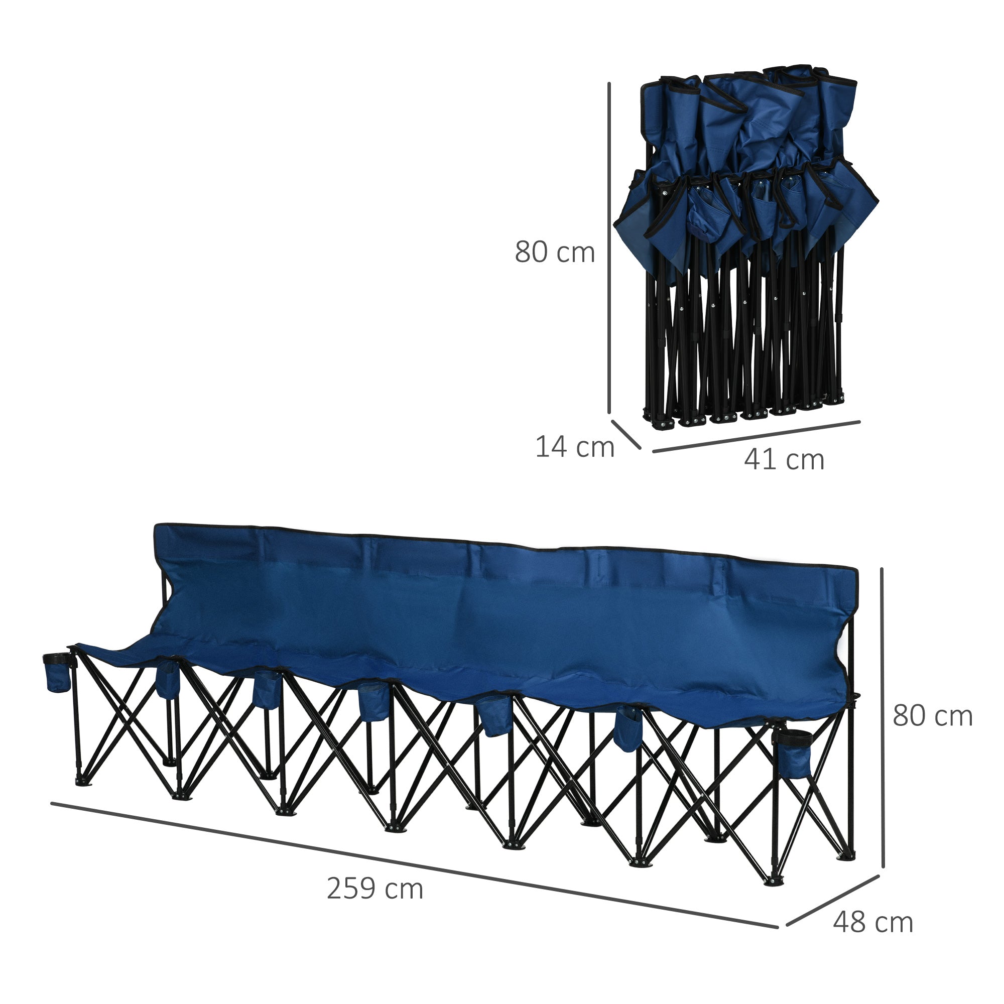 Outsunny 6 Seater Folding Bench, Outdoor Camping Chair Portable Sports Spectator Chair with Steel Frame, Cup Holder & Carry Bag, Blue - North Peak Garden Furniture