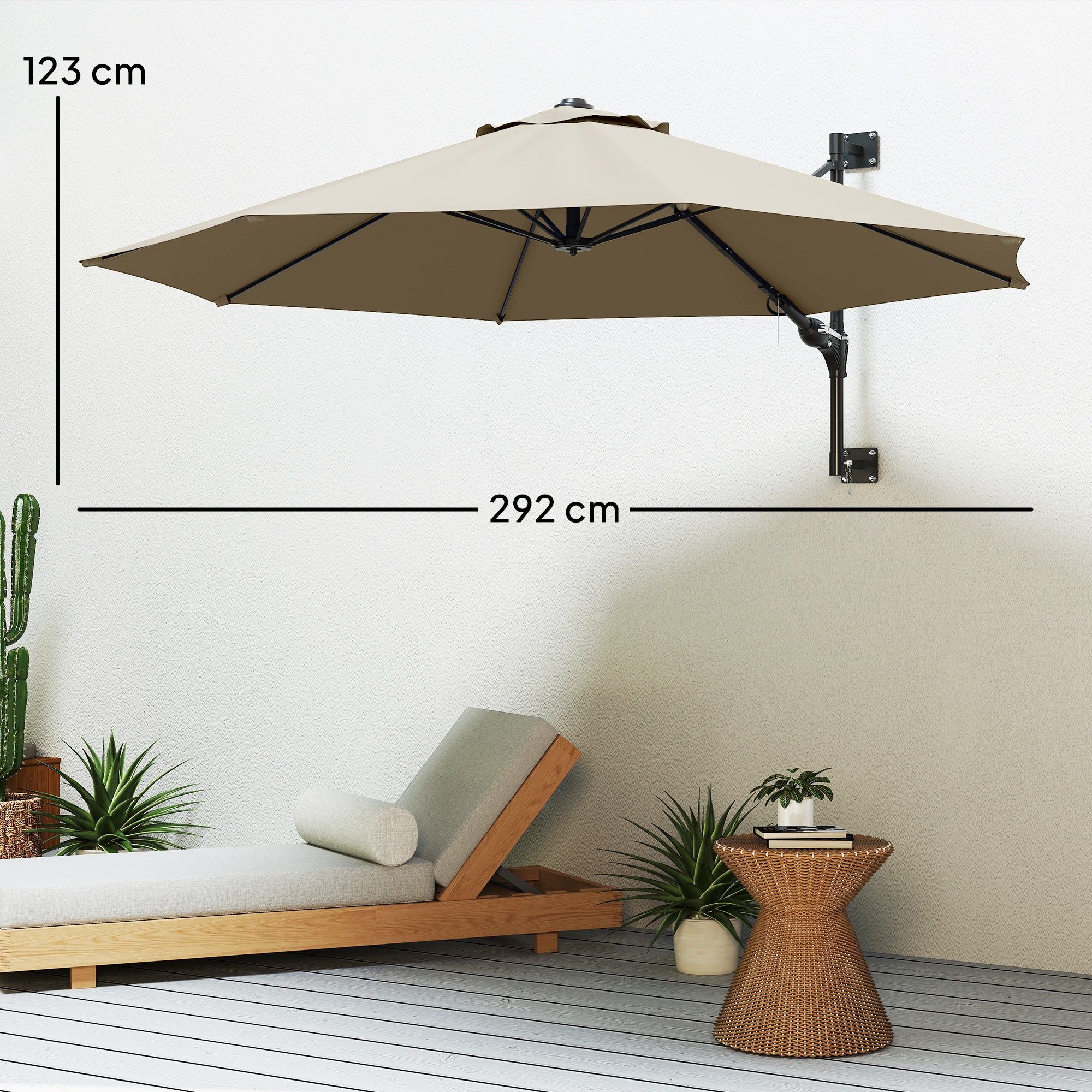 Outsunny 3(m) Wall-Mounted Parasol Shade, with Handle - Khaki - North Peak Garden Furniture