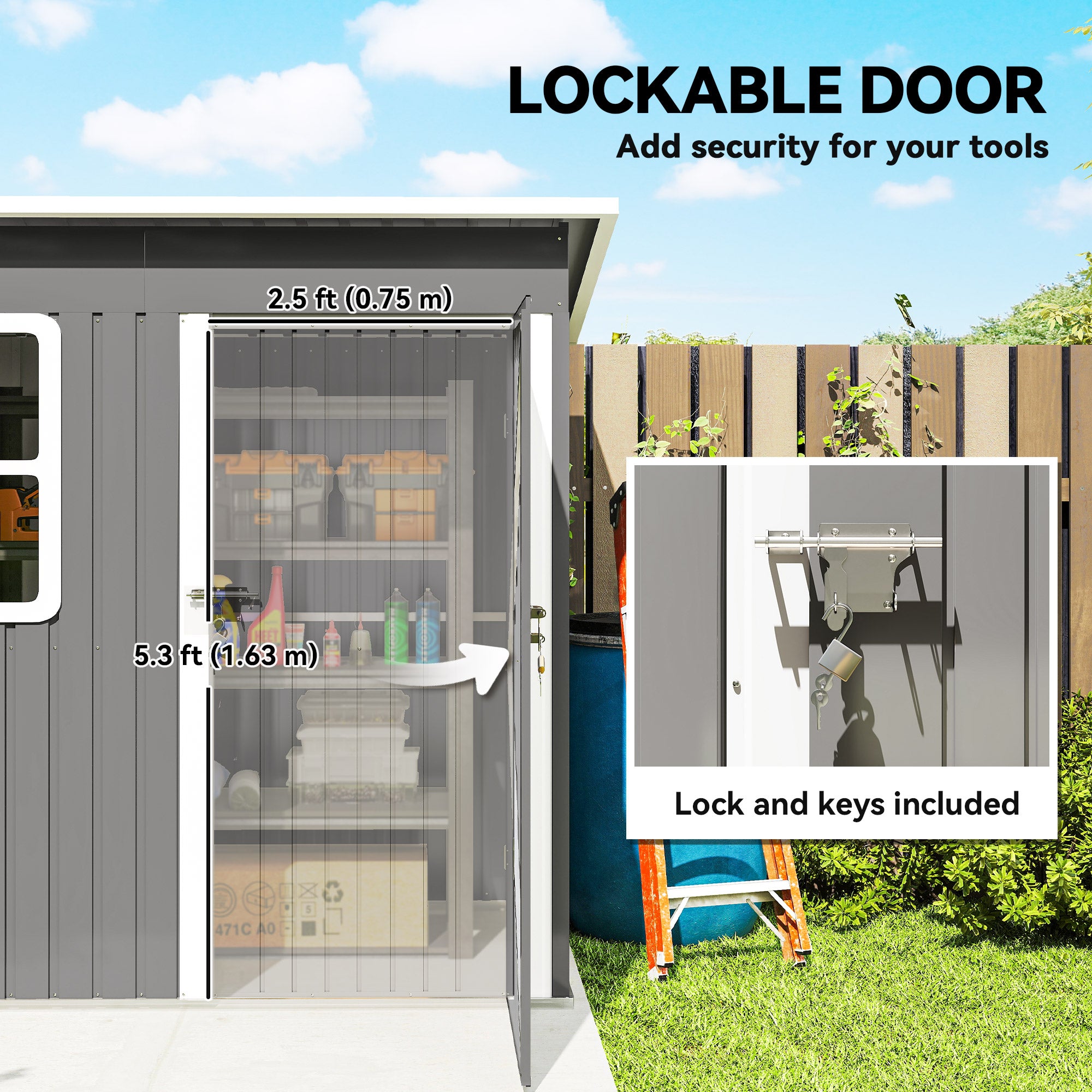 Outsunny 7 x 4ft Eco-friendly Galvanised Steel Garden Shed, with Lock and Gloves, 40kg/㎡ Snow Capacity - Grey