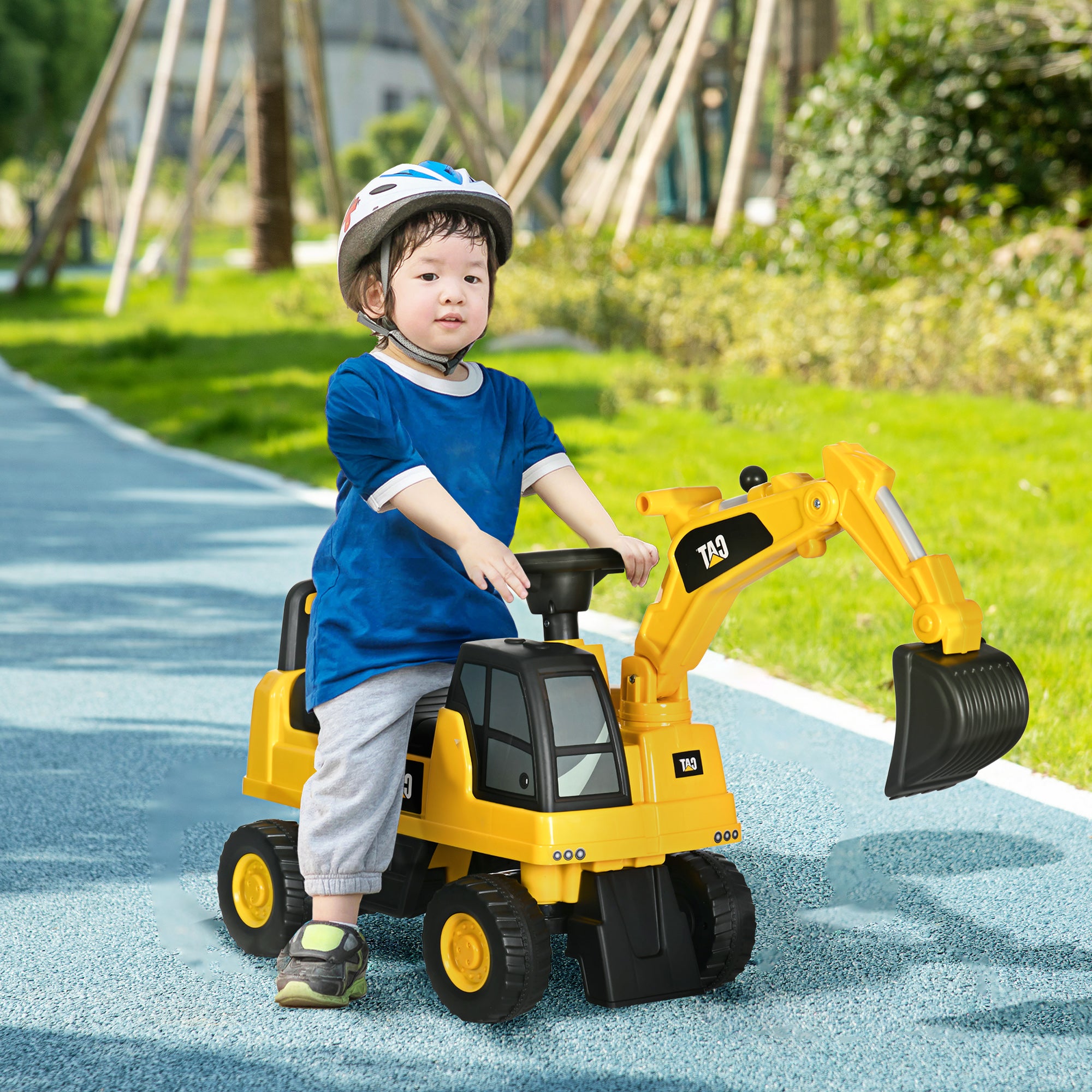 HOMCOM CAT Licensed Kids Ride on Digger Toddler Pretend Construction Play Toy Foot-To-Floor Ride-On Toy w/ Manual Shovel, Horn, Hidden Storage, for Ages 1-3 Years - North Peak Garden Furniture
