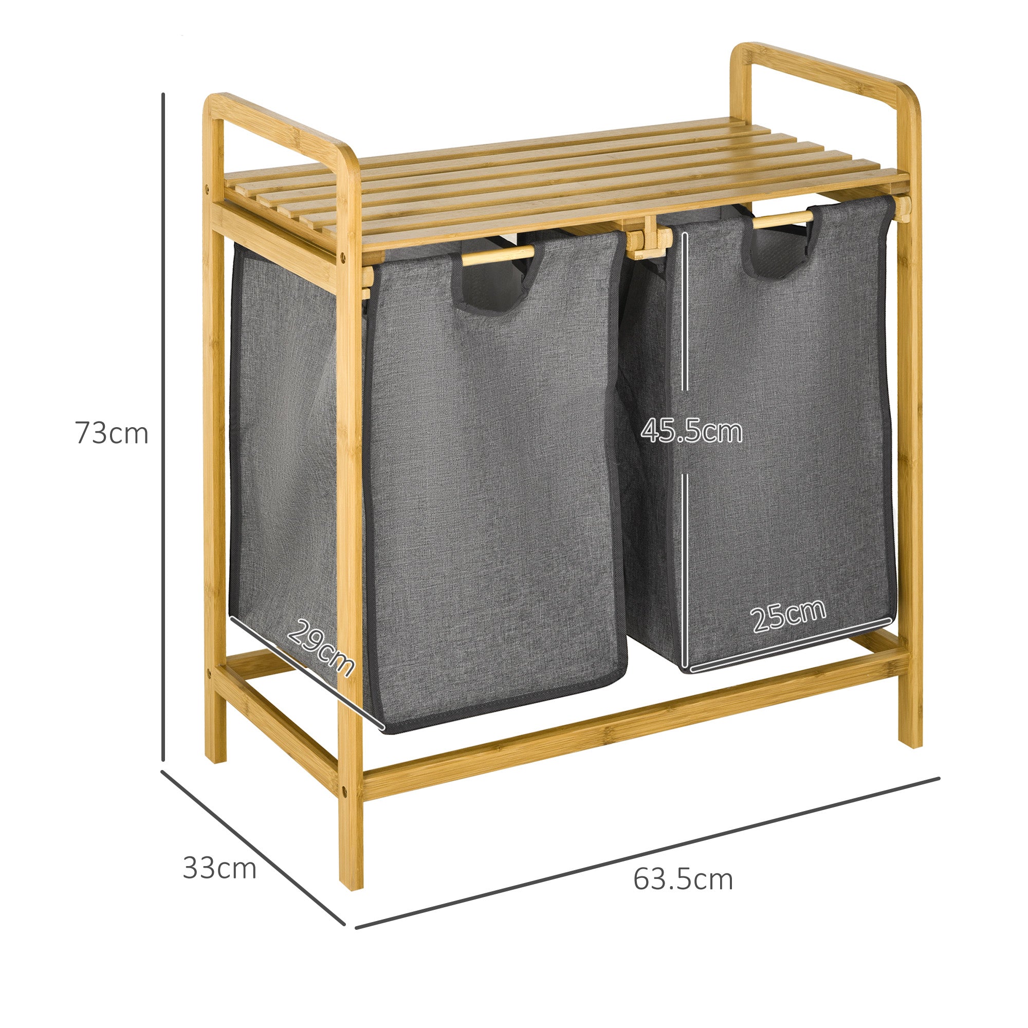 HOMCOM Bamboo Laundry Basket, Laundry Hamper with Shelf, Pull-out Bags for Bedroom, Bathroom, Laundry Room, 64 x 33 x 73 cm, Grey - North Peak Garden Furniture