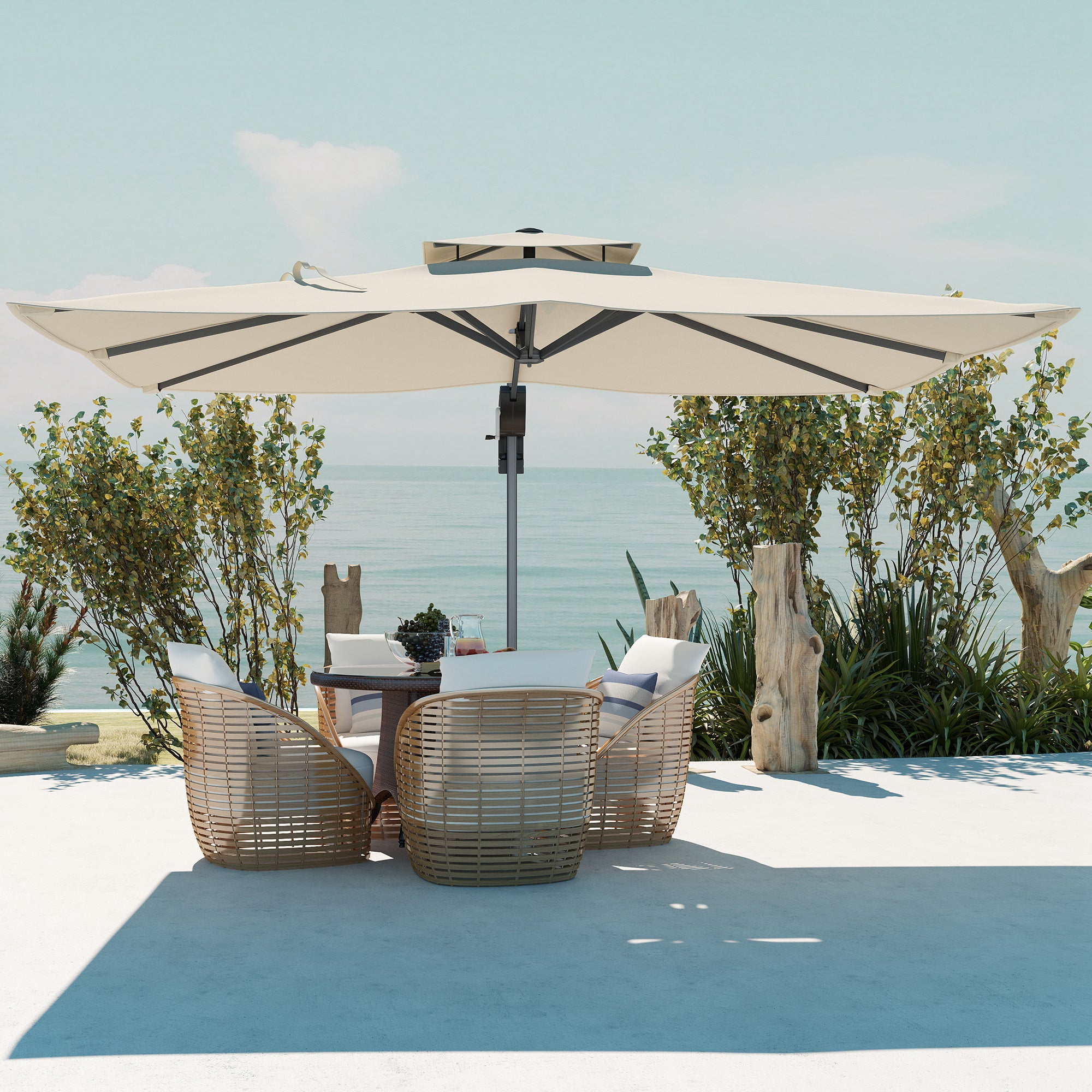 Outsunny 3.7 x 2.7 m Cantilever Parasol w/ 360° Rotation and Easy Tilt Adjustment, Aluminium Hanging Offset Outdoor Umbrella w/ Double Top and Cross Base, UPF50+ Hanging Sun Shade, Grey Wood Effect - North Peak Garden Furniture