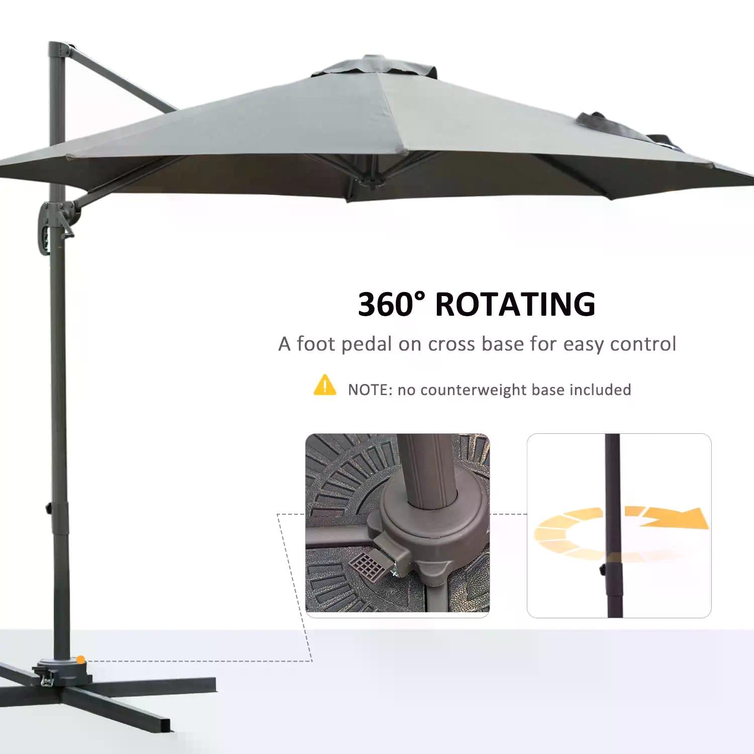 Outsunny 3(m) Offset Parasol Cantilever Hanging Umbrella 360° Rotation w/ Base Dark Grey