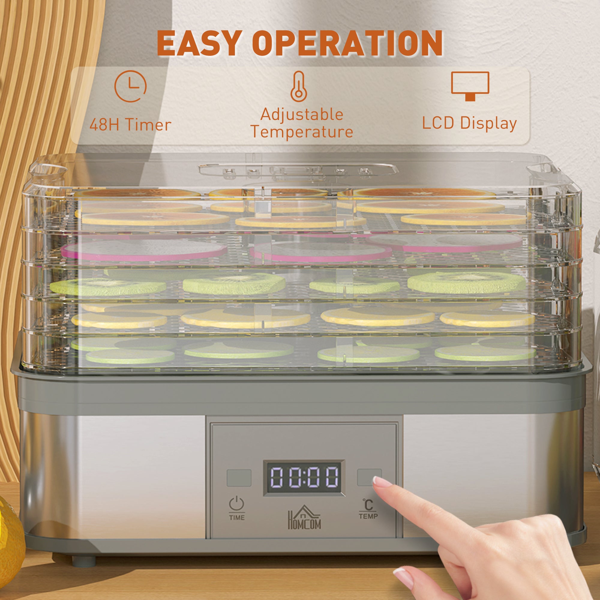 HOMCOM 5 Tier Food Dehydrator, 245W Stainless Steel Food Dryer Machine with Adjustable Temperature, Timer and LCD Display for Drying Fruit, Meat, Vegetable, Jerky and Pet Treat, Grey - North Peak Garden Furniture