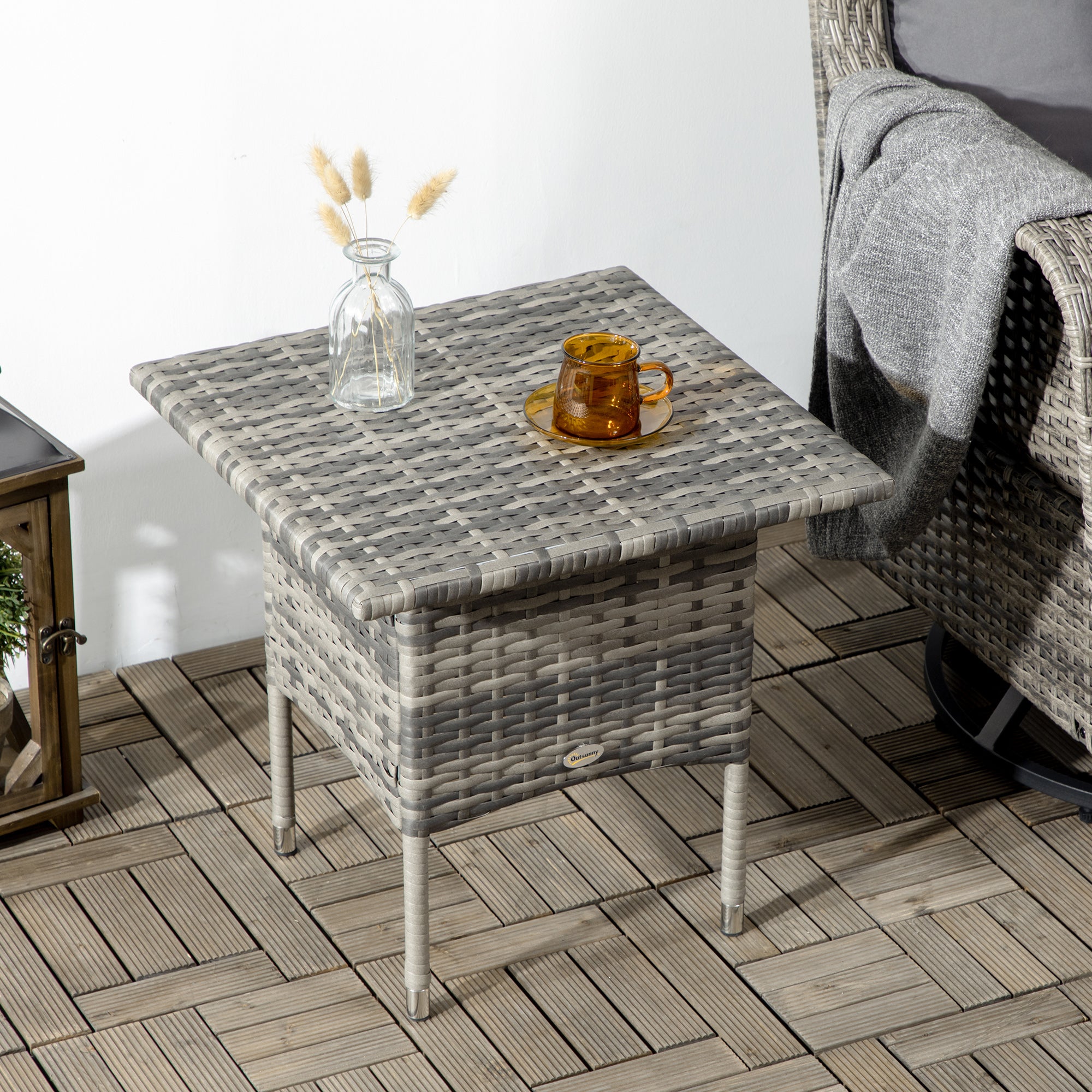 Outsunny Rattan Side Table, Outdoor Coffee Table with Plastic Board Under the Full Woven Table Top for Patio, Garden, Balcony, Mixed Grey - North Peak Garden Furniture