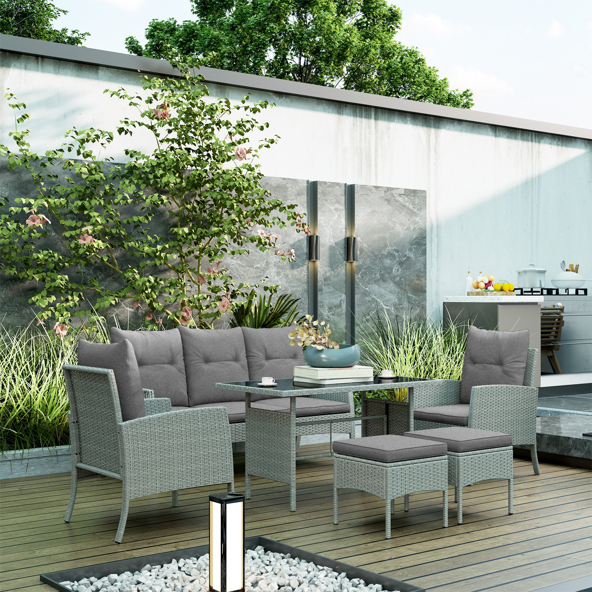 Outsunny 5 Seater Rattan Garden Furniture Set, 6 Piece Garden Sofa Set, Armchairs, 3-Seater Sofa, Footstools, Glass Dining Table, Cushions, Wicker Outdoor Furniture for Conservatory Patio, Grey