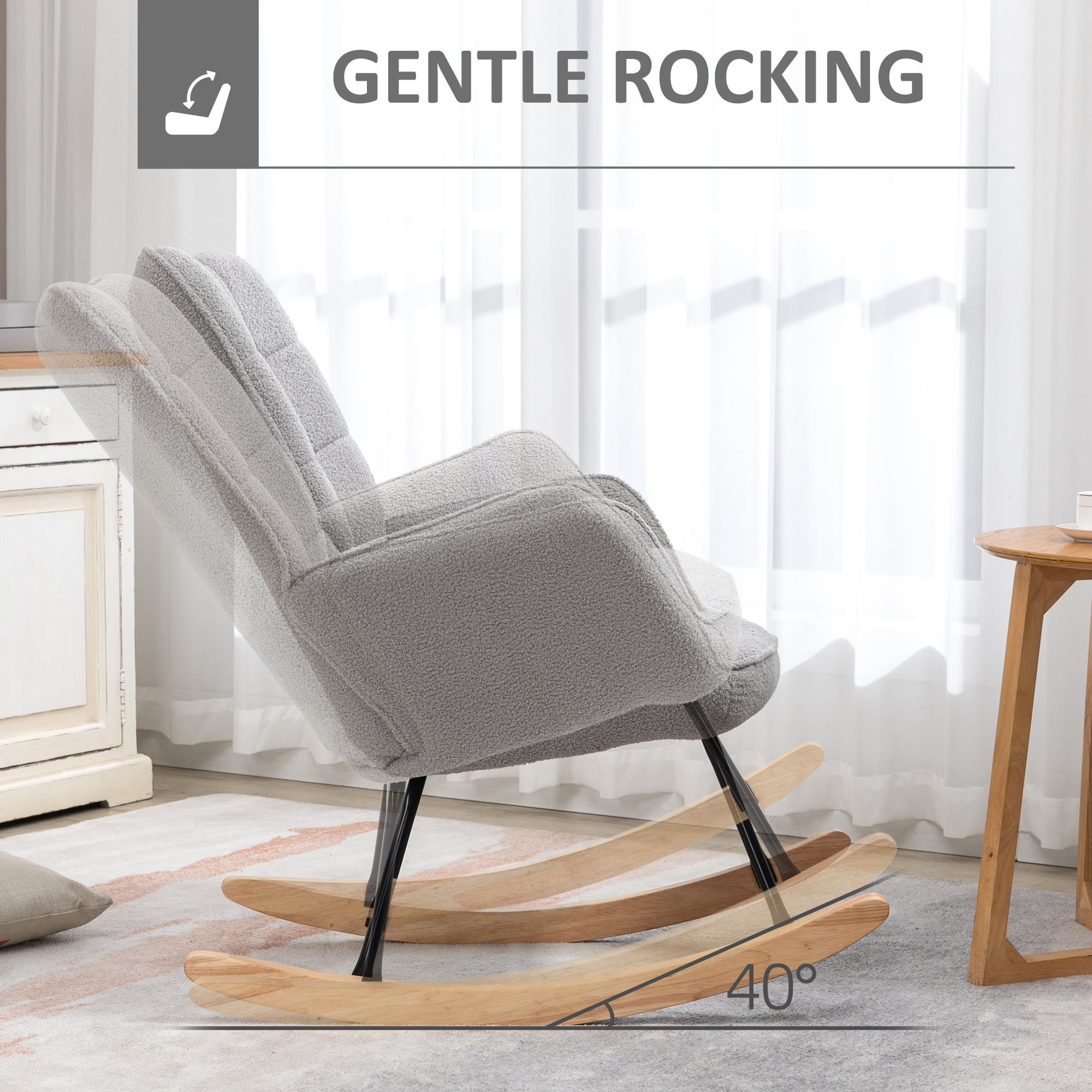 HOMCOM Berber Fleece Nursery Glider Rocker for Nursing, Wingback Rocking Chair for Living Room, Light Grey - North Peak Garden Furniture