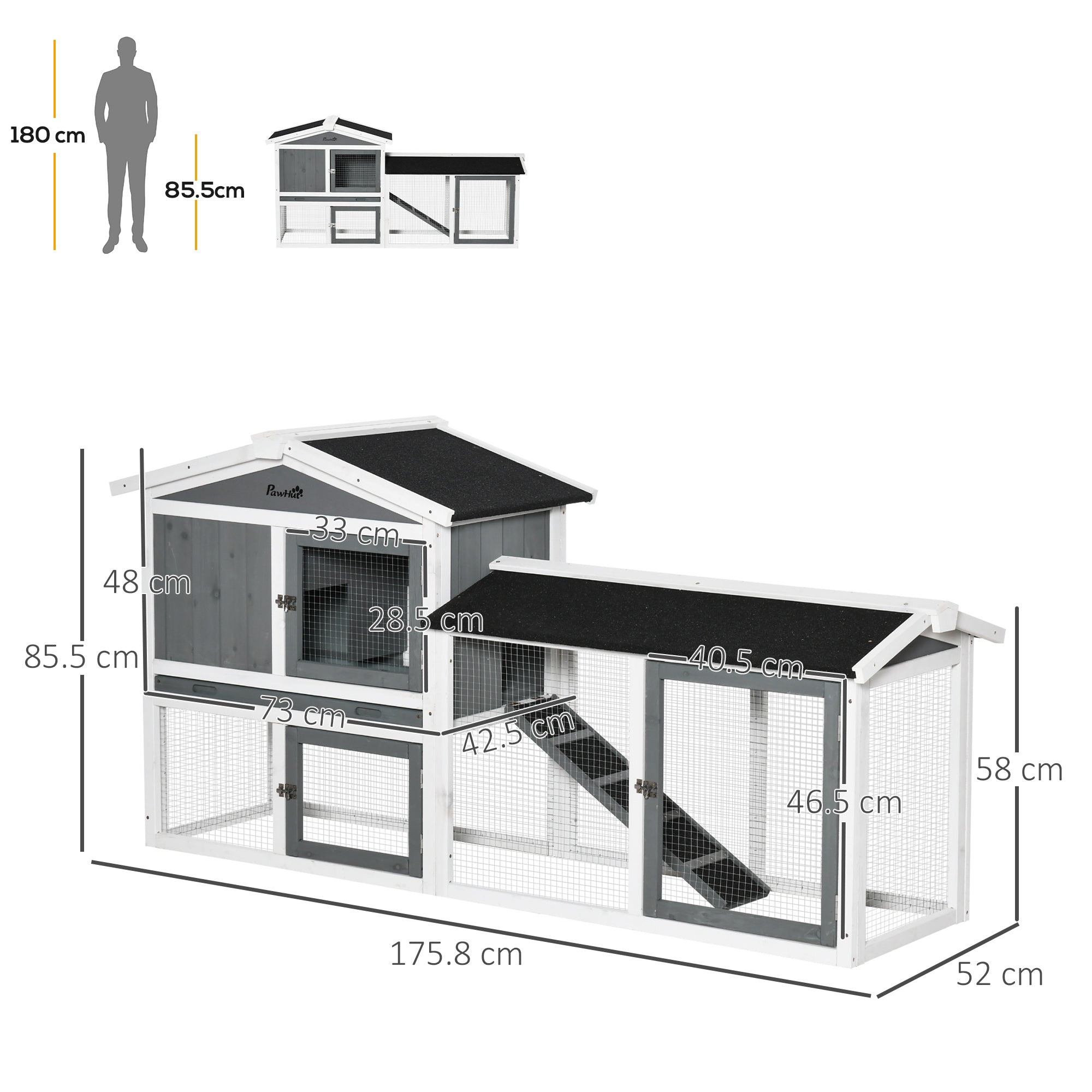 PawHut Rabbit Hutch Outdoor, 2-Tier Guinea Pig Hutch, Wooden Small Animal House with Rabbit Run Box, Slide-out Tray, Ramp, 175.8 x 52 x 85.5 cm, White - North Peak Garden Furniture
