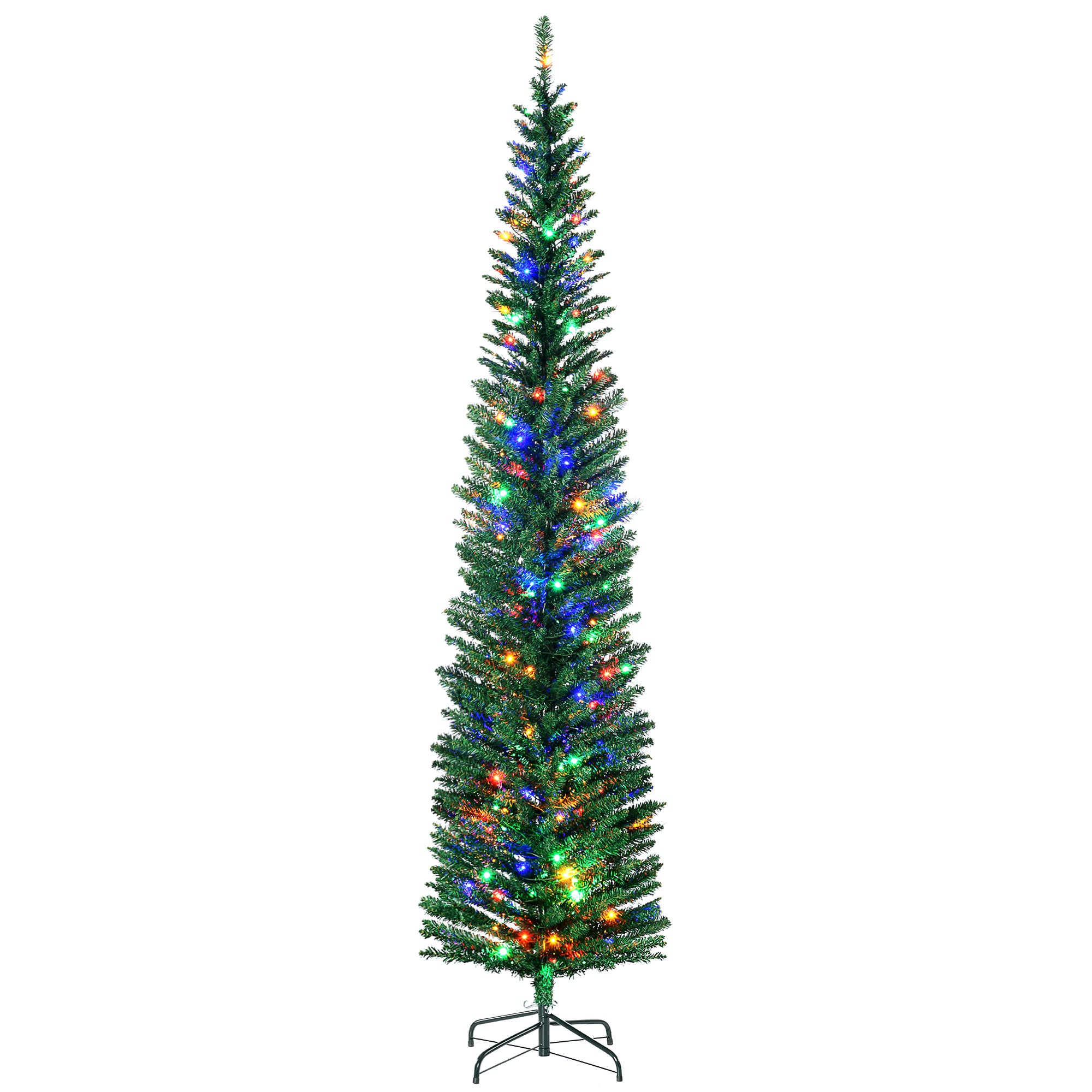 HOMCOM 7.5' Artificial Prelit Christmas Trees Holiday Décor with Colourful LED Lights, Pencil Shape, Steel Base - North Peak Garden Furniture