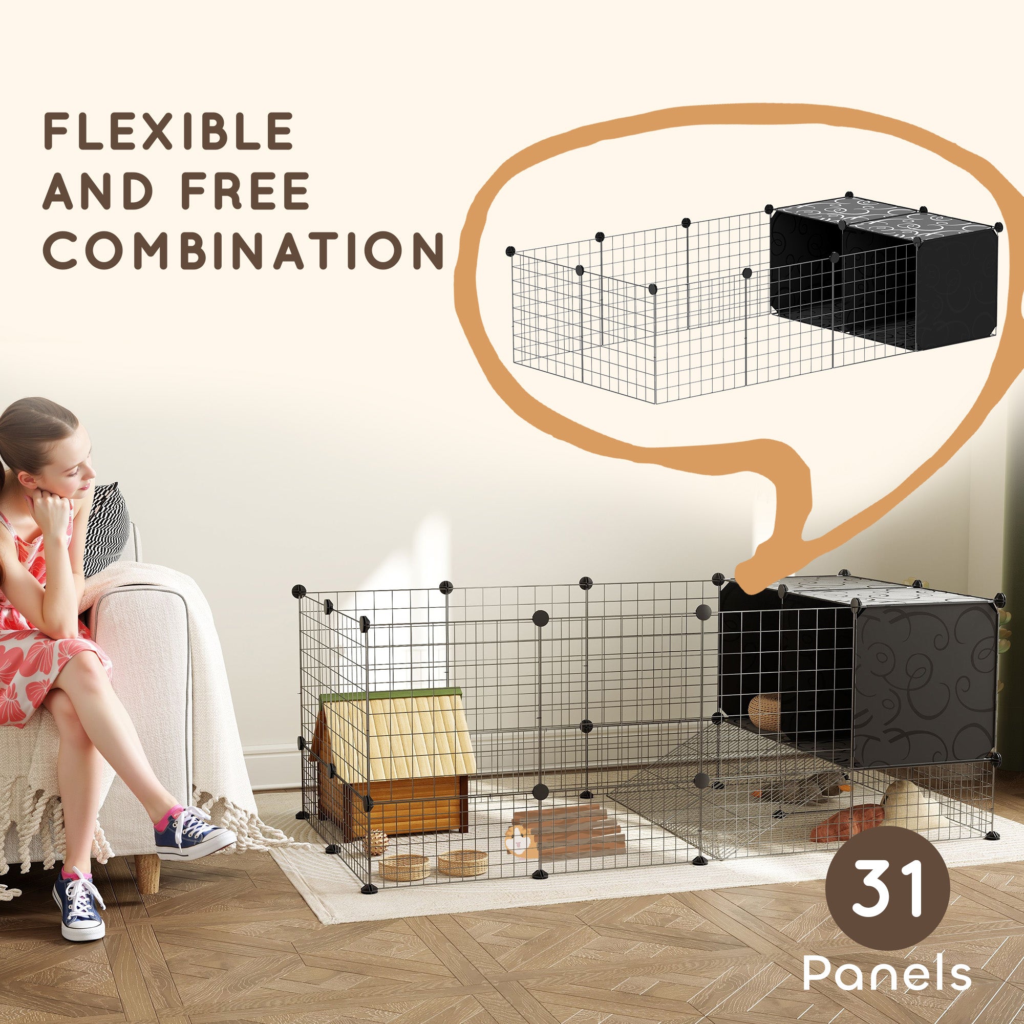 PawHut DIY Small Animal Cage with Elevated Huts, C&C Cage for Guinea Pigs, Hedgehogs, Rabbits, 31 Panels, Black - North Peak Garden Furniture