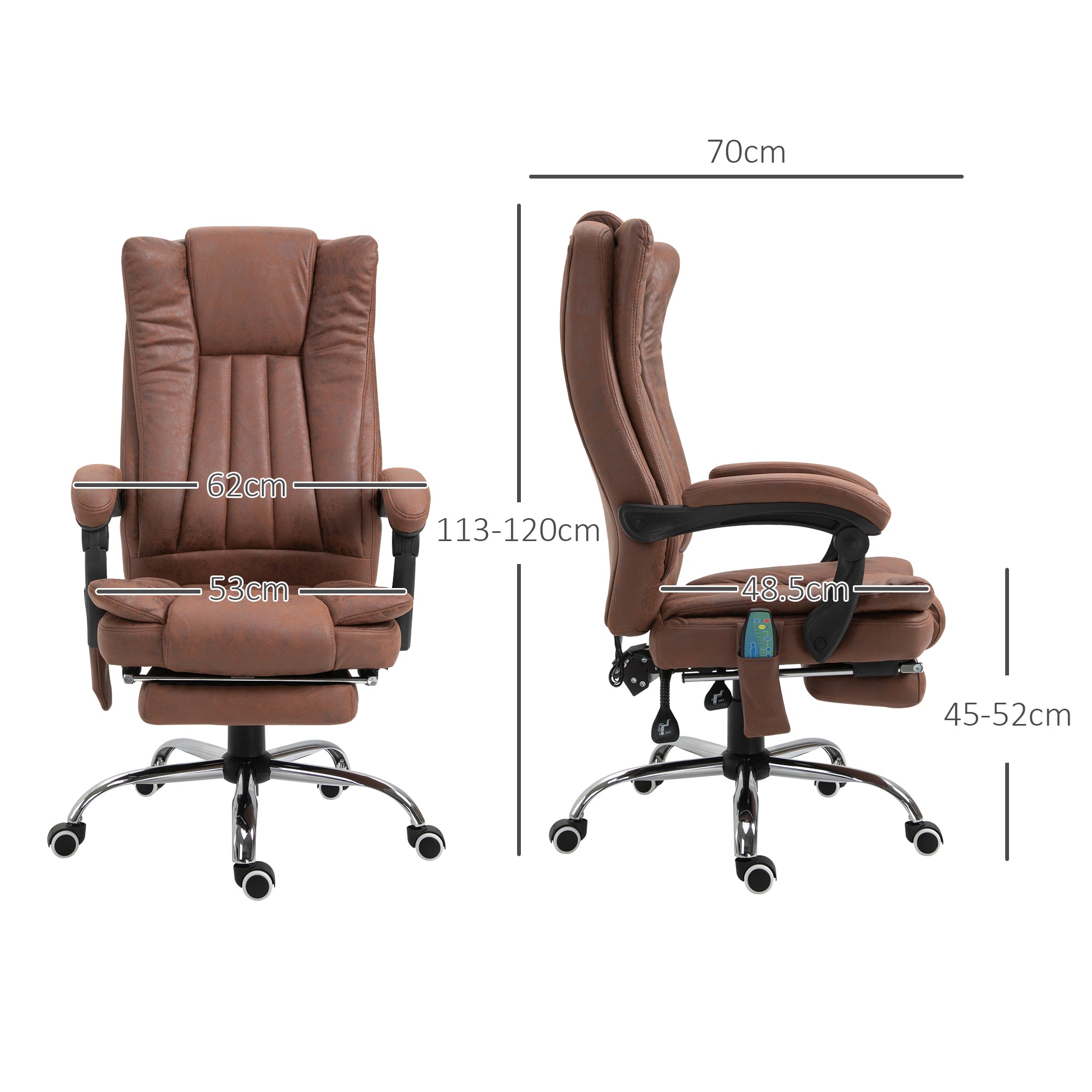 Vinsetto Office Chair with Massage and Heat, Microfibre Reclining Computer Desk Chair with Footrest and Adjustable Height, Swivel Wheels for Home Office, Brown - North Peak Garden Furniture