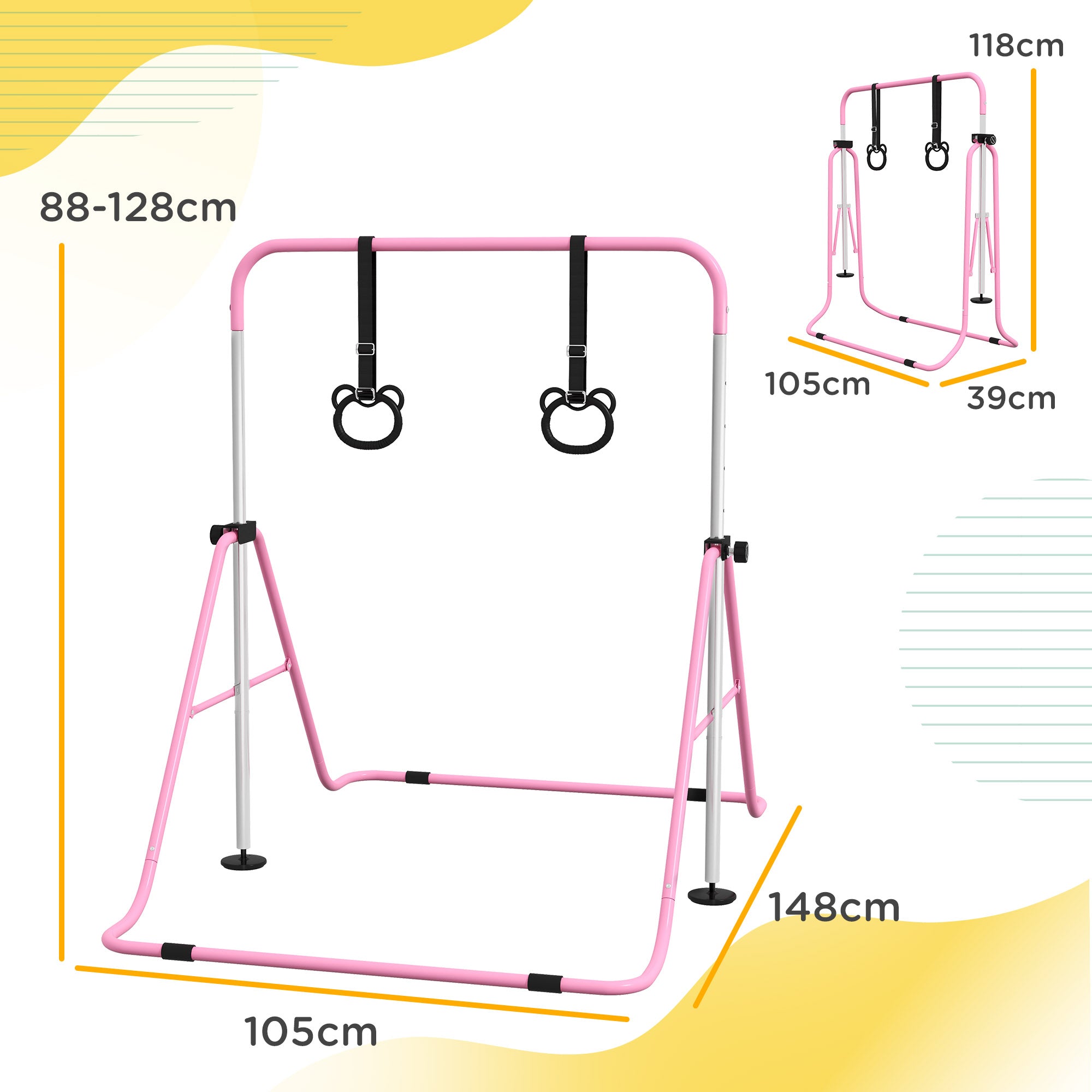 HOMCOM Adjustable Height, Foldable Kids Gymnastics Bar w/ Non-Slip Mats, for 3+ Years, Pink - North Peak Garden Furniture
