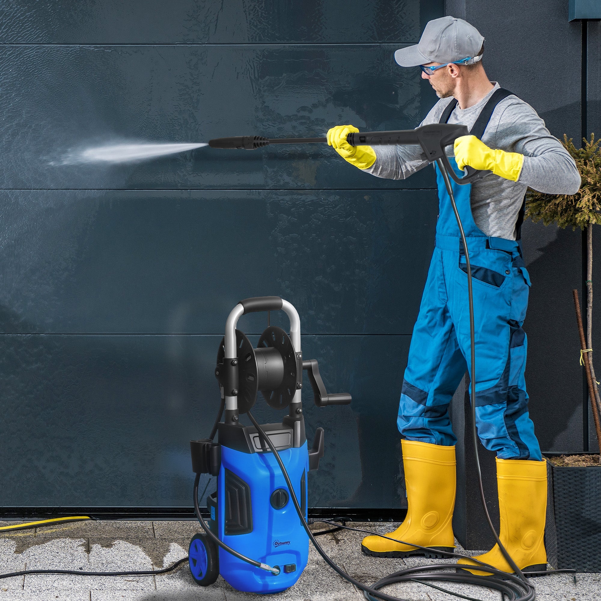 Outsunny 1800W High Pressure Washer, 150 Bar Pressure, 420 L/h Flow, Portable Power Washer Jet Wash Cleaner with Adjustable Nozzle, 6M Hose, Hose Reel, Steel Handle for Home Patio Car Driveway, Blue - North Peak Garden Furniture