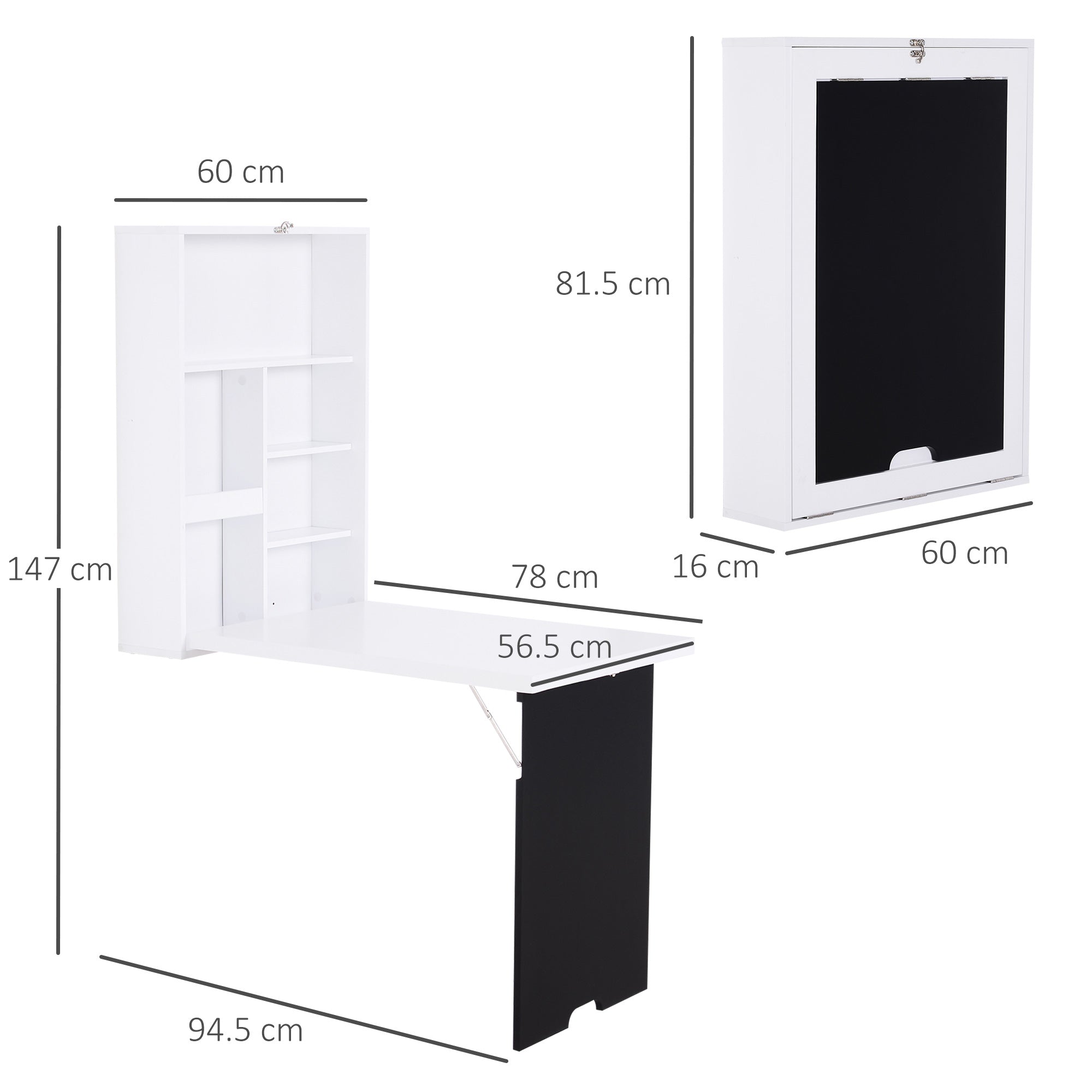 HOMCOM Folding Wall-Mounted Drop-Leaf Table, Convertible Wall Table With Chalkboard and Storage Shelf, Multifunctional Floating Desk for Home Office, White - North Peak Garden Furniture