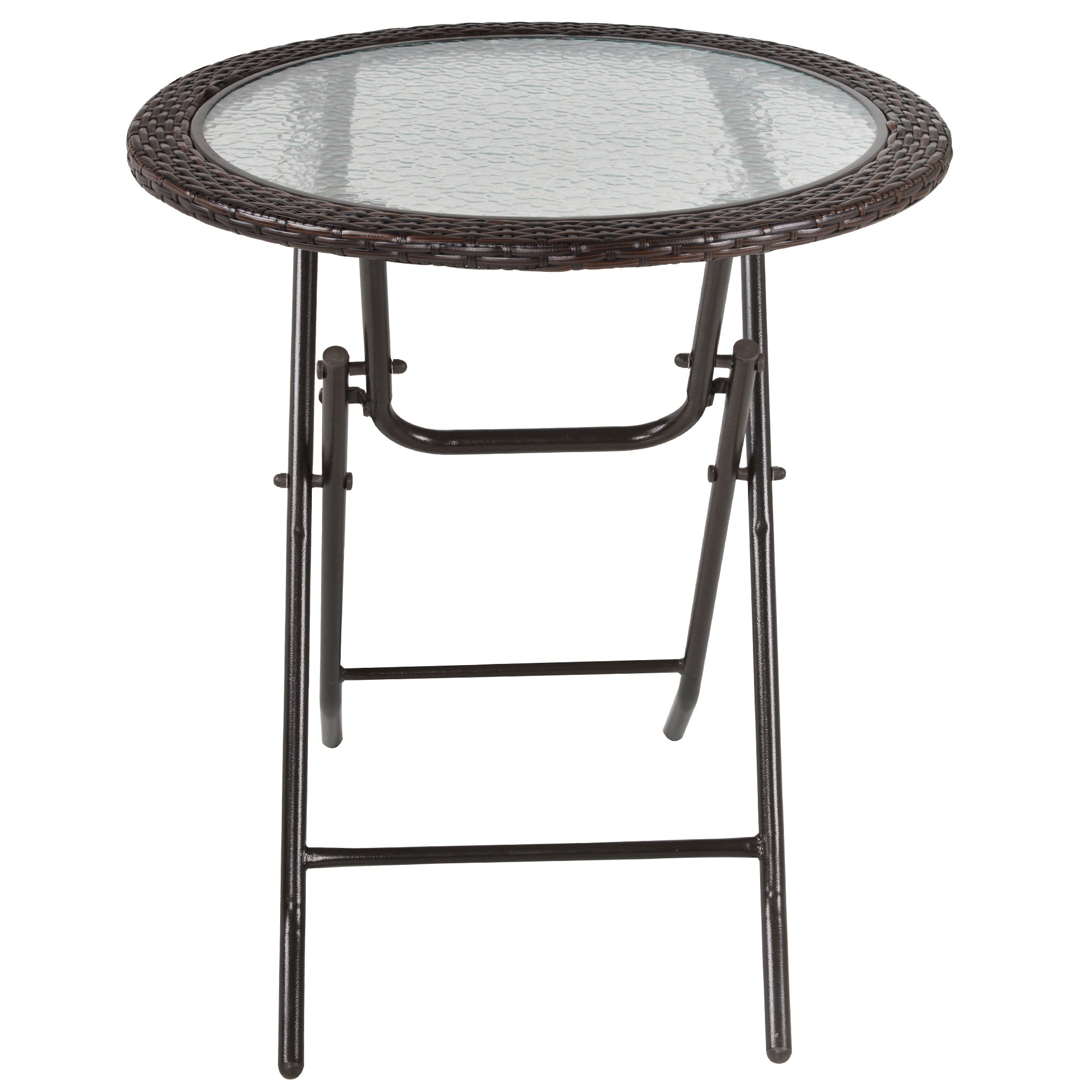 Outsunny Folding Round Tempered Glass Metal Table with Brown Rattan Edging - North Peak Garden Furniture