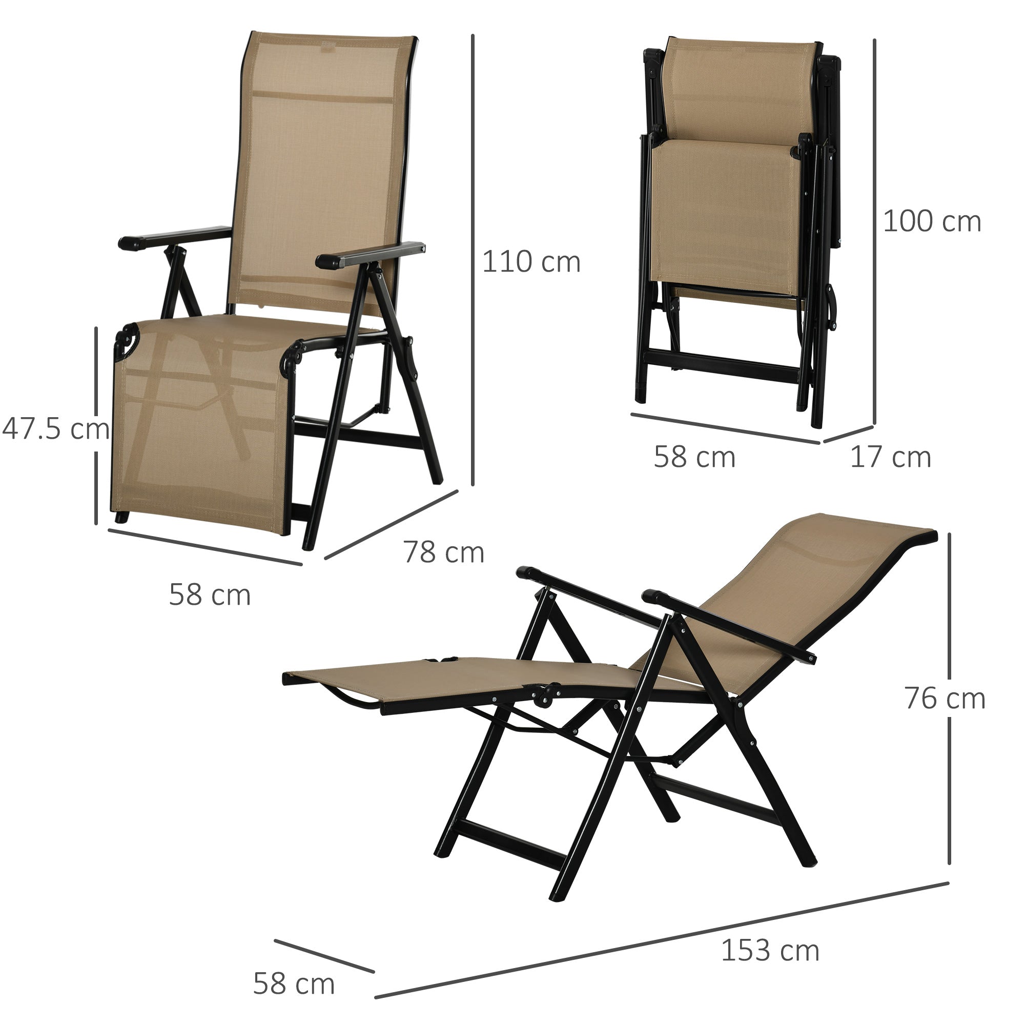 Outdoor Set of 2 Outdoor Sun Lounger 10-Position Adjustable Texteline Folding Reclining Chairs with Footrest for Patio Garden, Beige