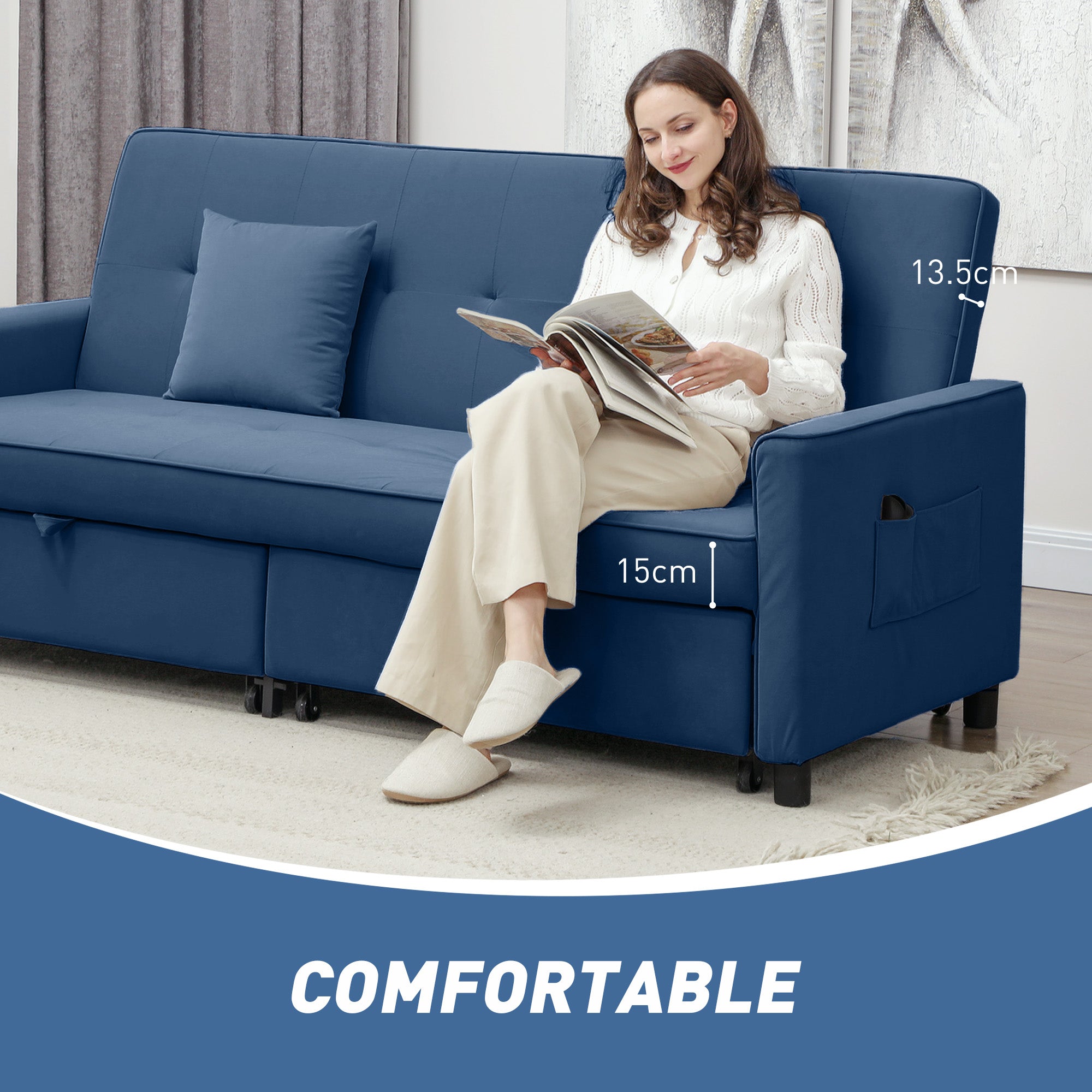 HOMCOM Three-Person Velvet-Feel Sofa Bed - Blue - North Peak Garden Furniture