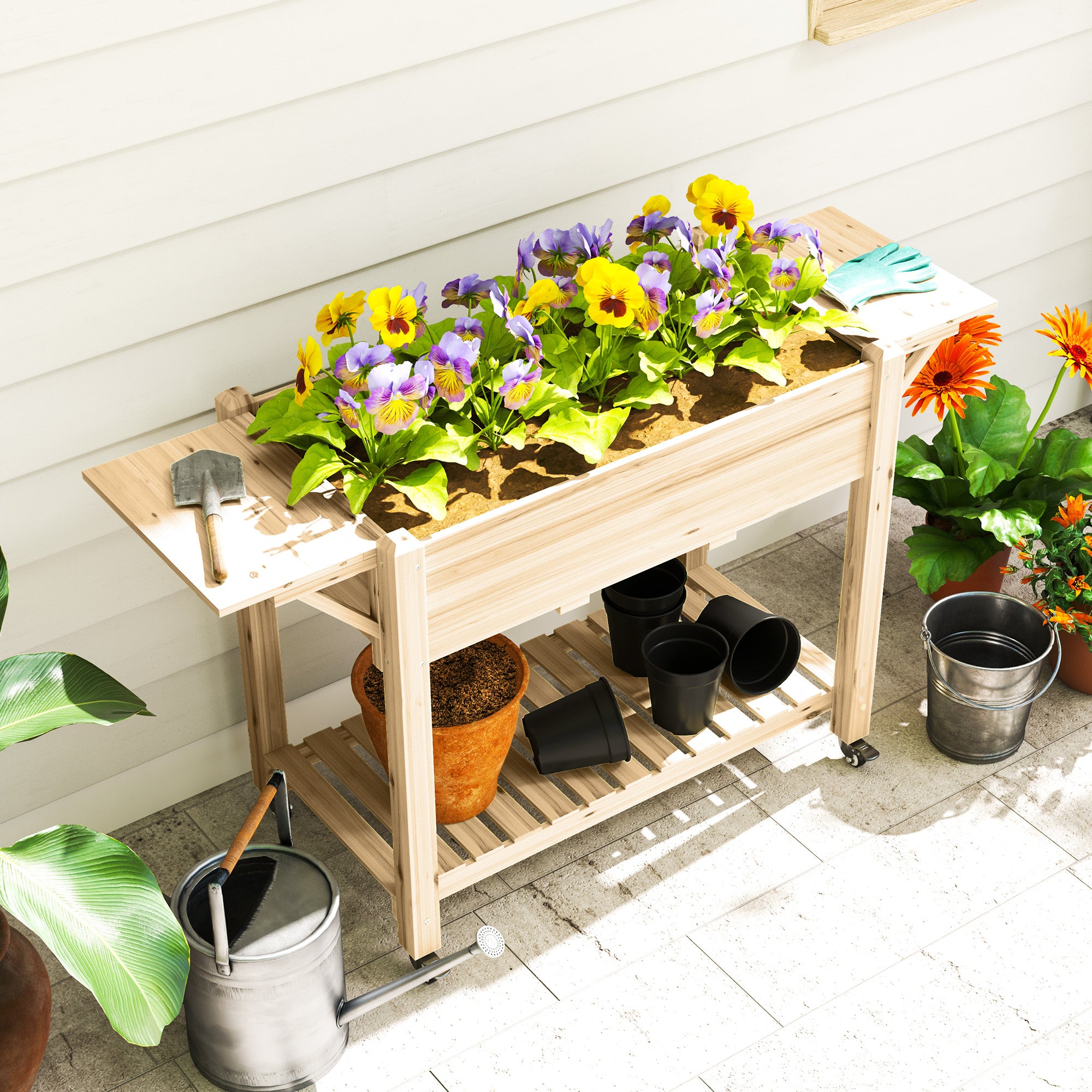 Outsunny 46 x 94cm Wooden Raised Planter, with Shelves - Natural Finish - North Peak Garden Furniture