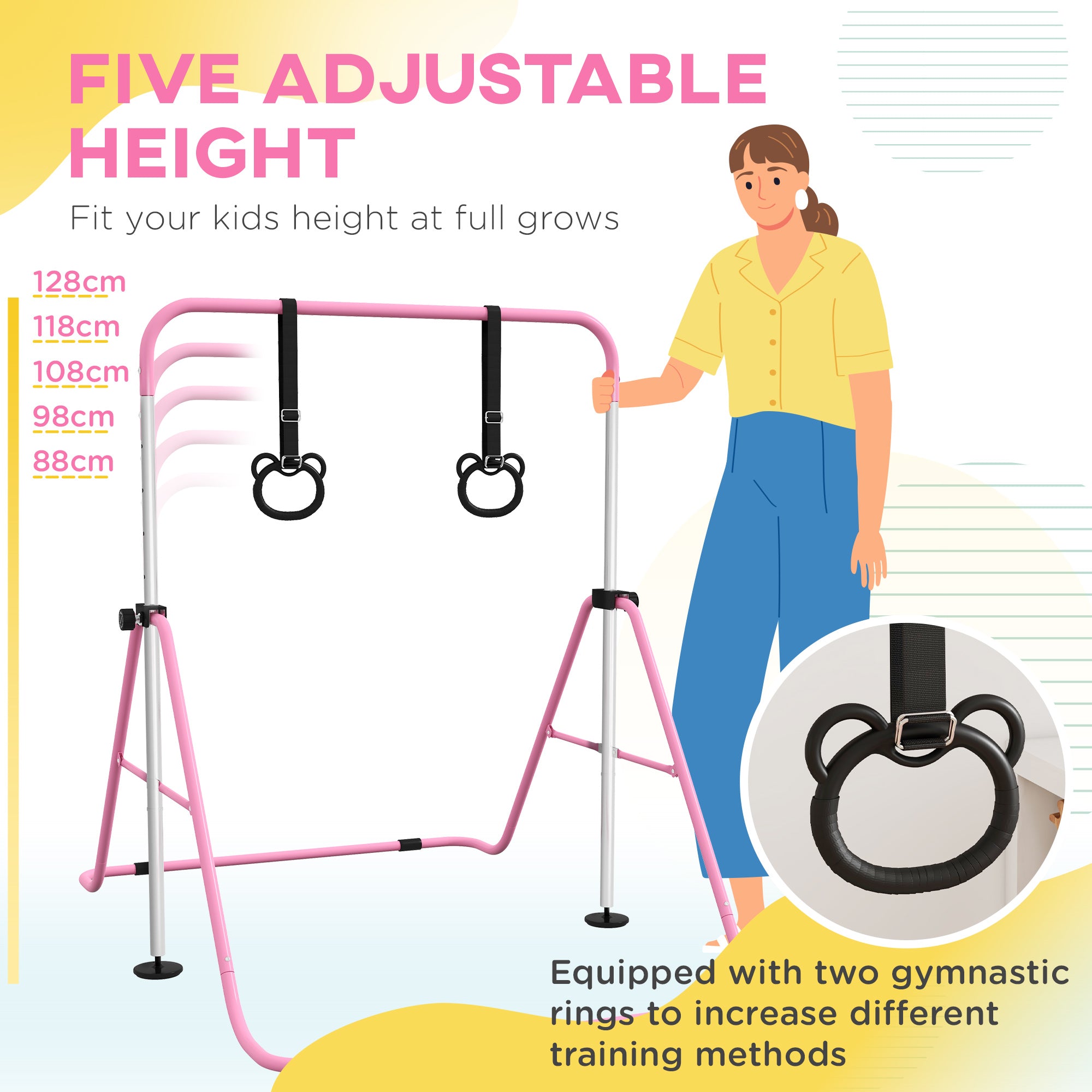 HOMCOM Adjustable Height, Foldable Kids Gymnastics Bar w/ Non-Slip Mats, for 3+ Years, Pink - North Peak Garden Furniture