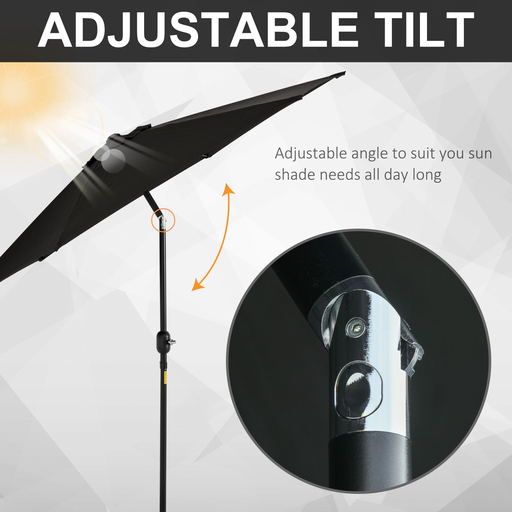 Outsunny 2.7M Garden Parasol Umbrella with Tilt and Crank, Outdoor Sun Parasol Sunshade Shelter with Aluminium Frame, Black - North Peak Garden Furniture