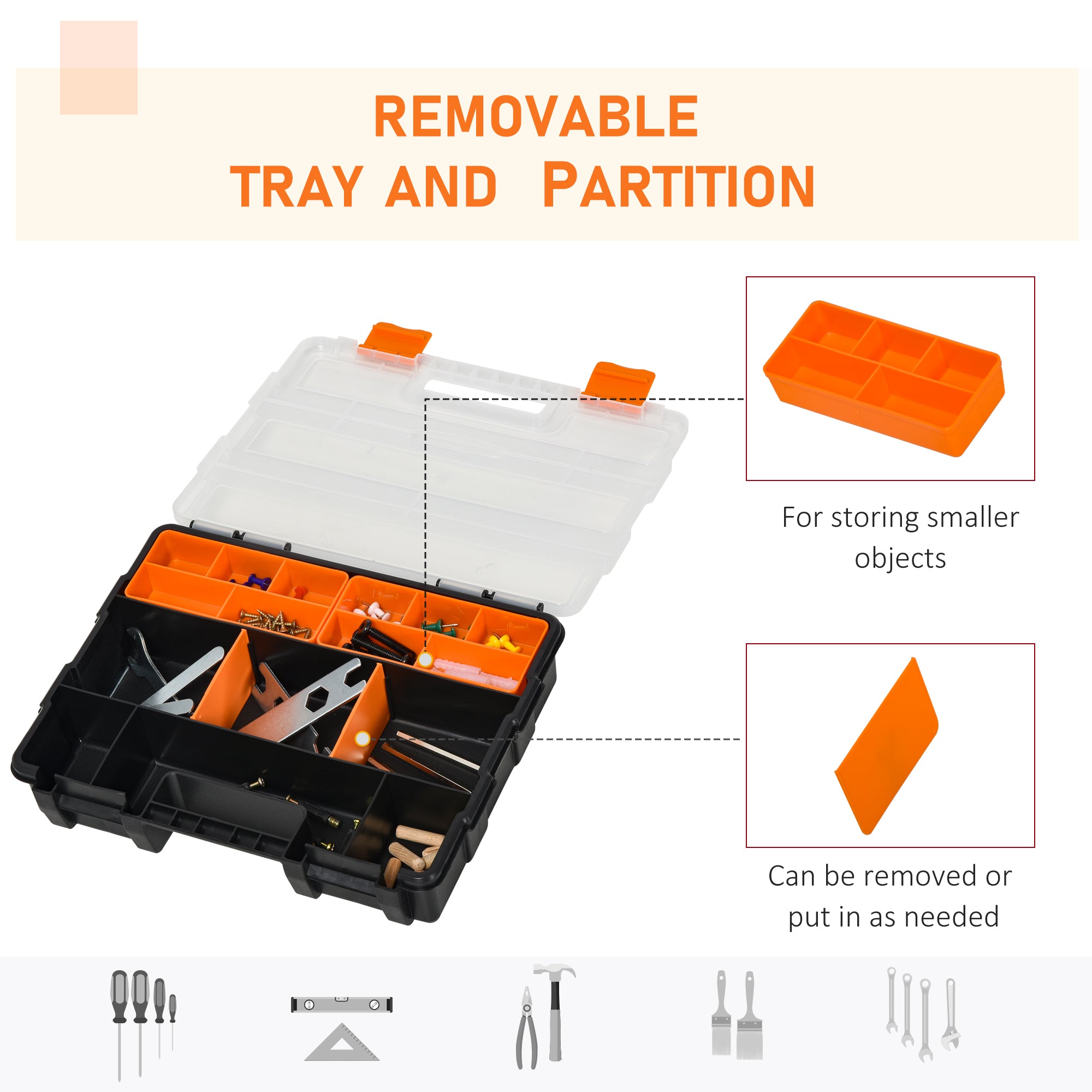 DURHAND Set Of 4 Plastic DIY Tool Storage Boxes w/ Inside Dividers Locking Lids Home Garage Organisation Stacking Arts Crafts Bolts Black Orange - North Peak Garden Furniture