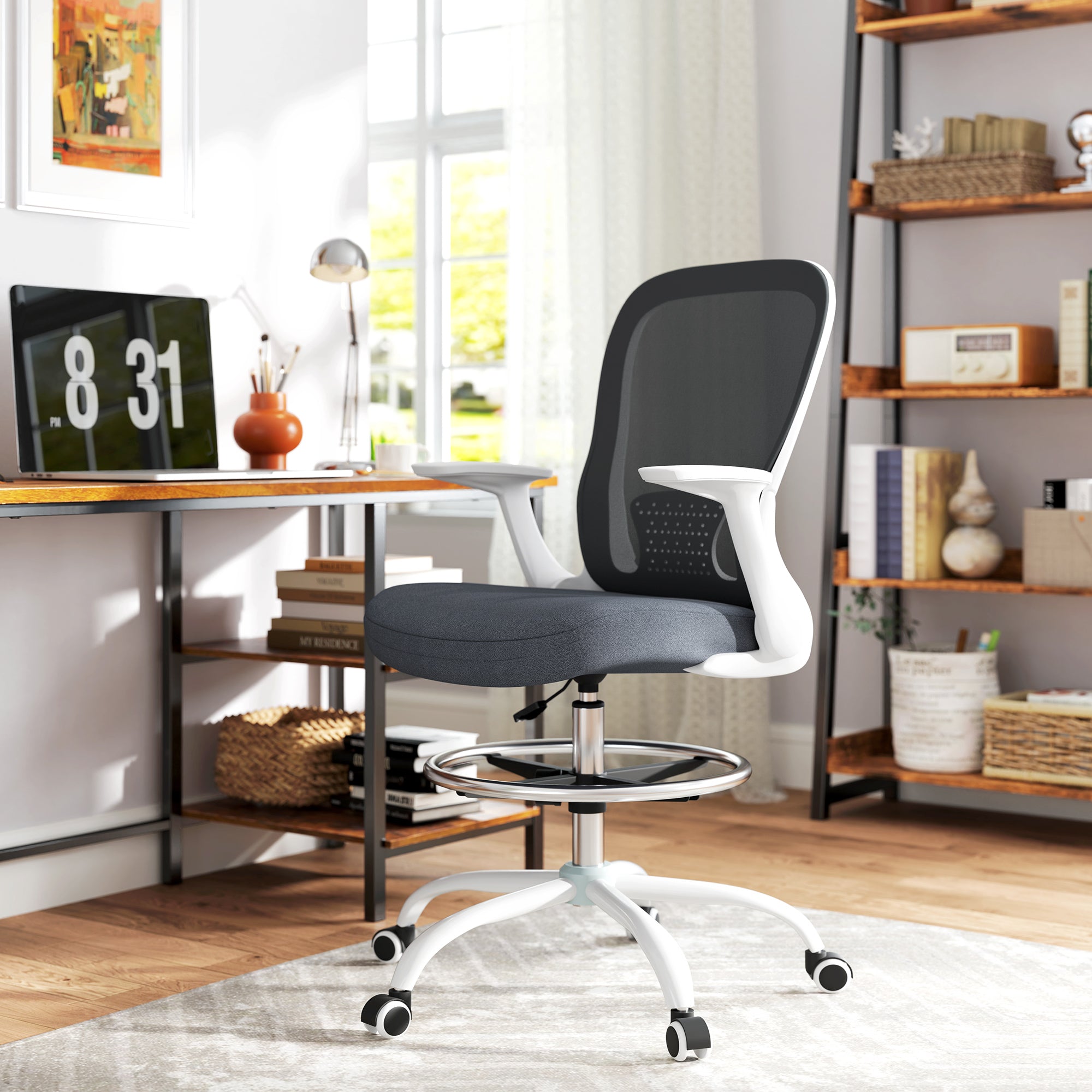 HOMCOM Draughtsman Chair, Mesh Drafting Chair, Ergonomic Office Chair with Flip-up Armrest, Adjustable Foot Ring, Grey - North Peak Garden Furniture