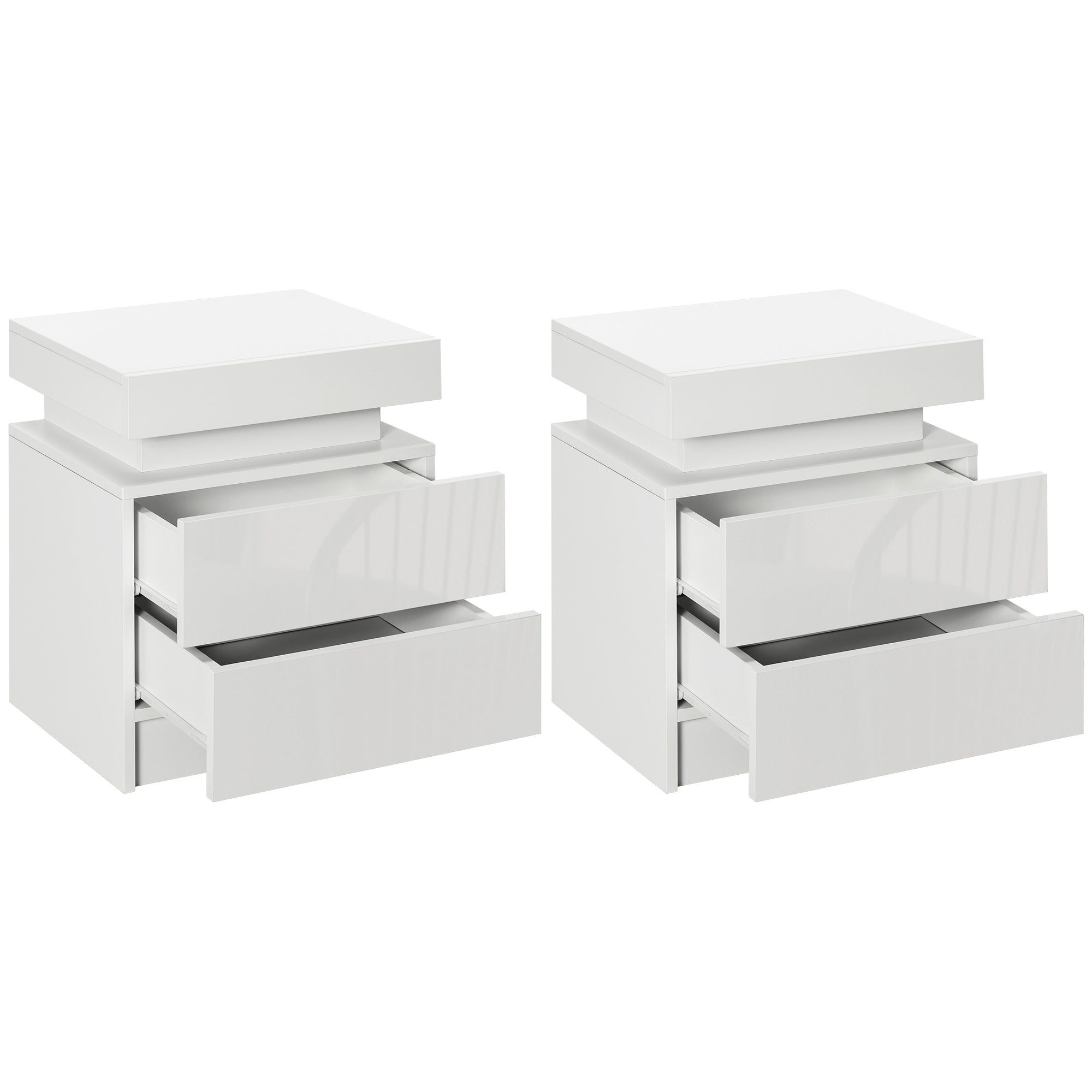 HOMCOM White Bedside Table with LED Light, High Gloss Front Nightstand with 2 Drawers, for Living Room, Bedroom