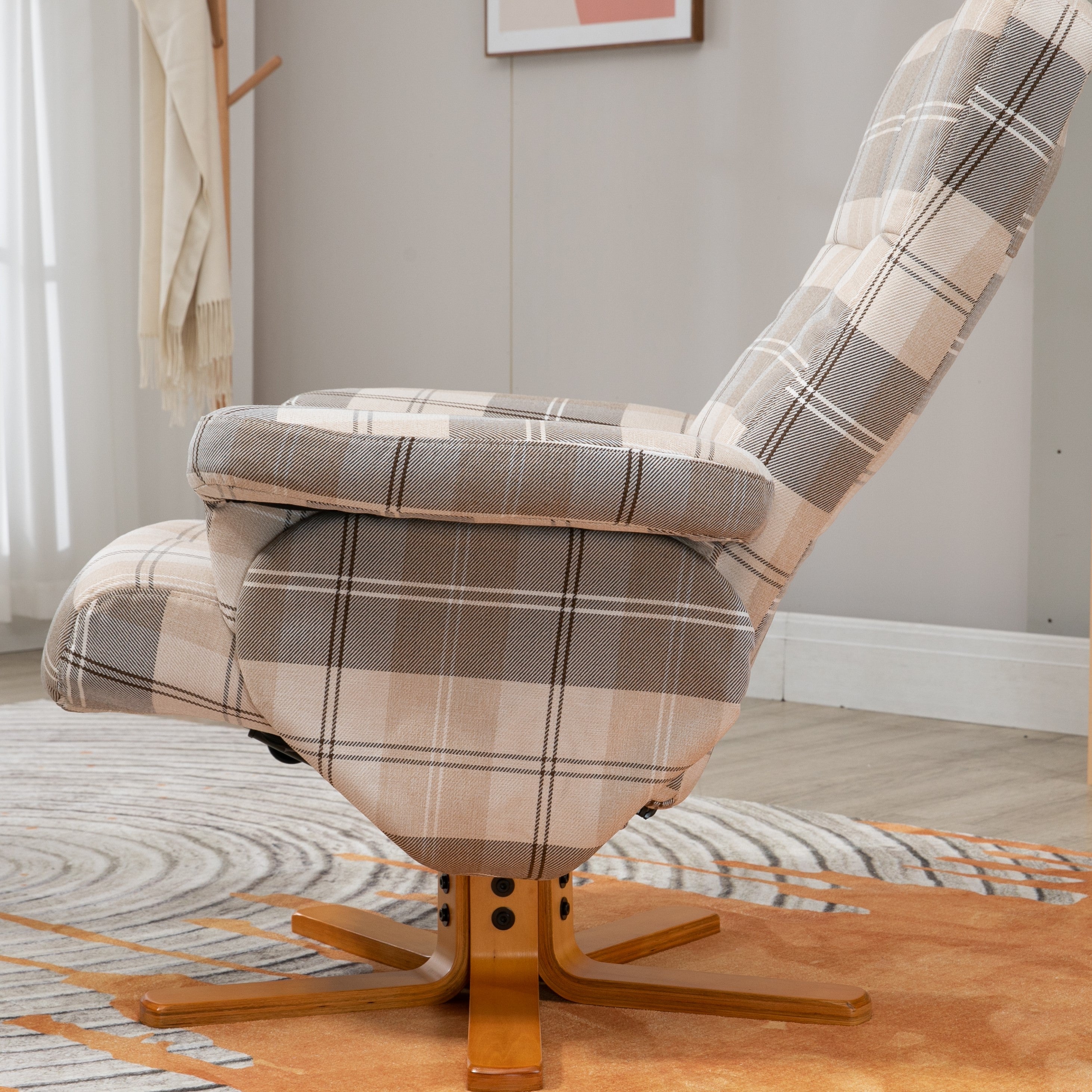 HOMCOM Linen Swivel Recliner Chair with Footstool, Wooden Base and Storage for Living Room, Multicolour