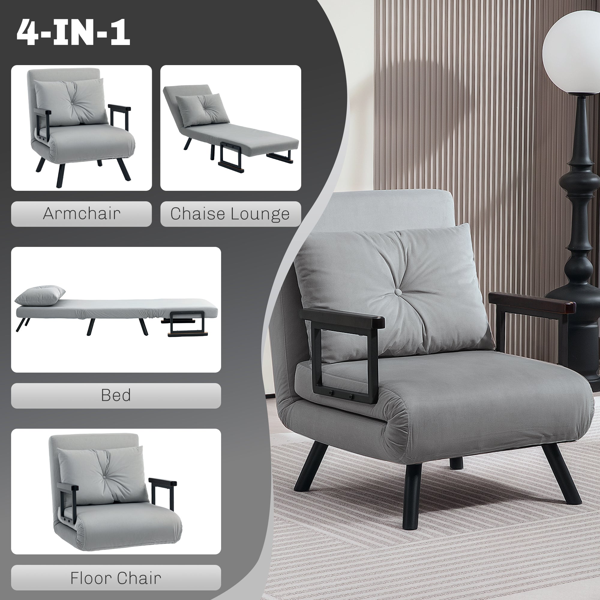 HOMCOM 4-in-1 Velvet-Feel Single Chair Bed, with Pillow - Light Grey - North Peak Garden Furniture