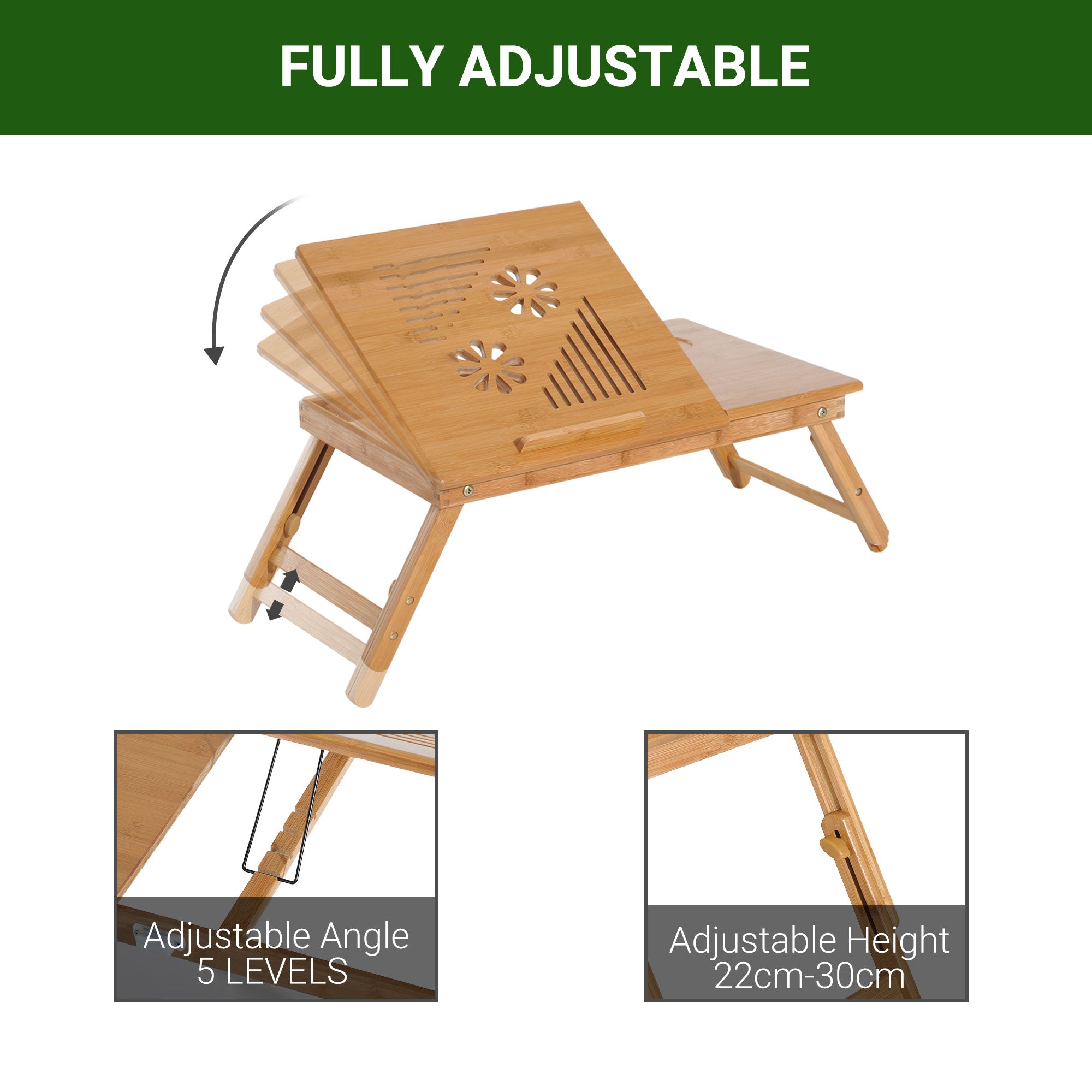 HOMCOM Portable Laptop Desk Notebook Tray PC Bed Table with Drawer Adjustable & Foldable (55L x 35W x 22-30H (cm)) - North Peak Garden Furniture