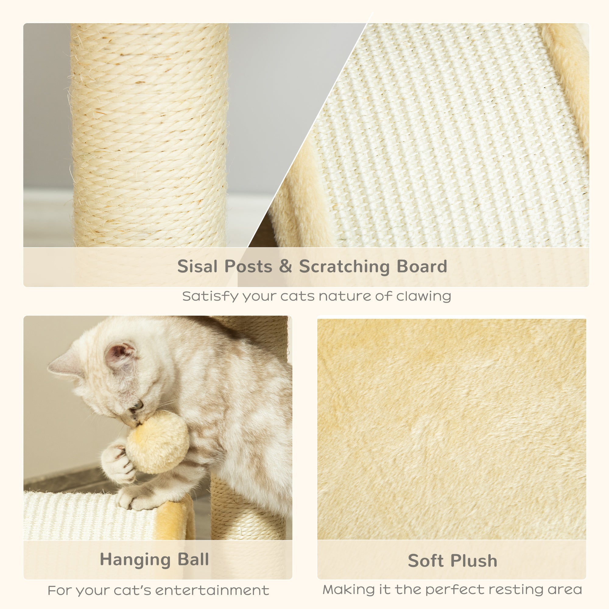 PawHut Cat Tree Scratching Scratcher Post Kitten Activity Centre Climber Hanging Ball Beige - North Peak Garden Furniture