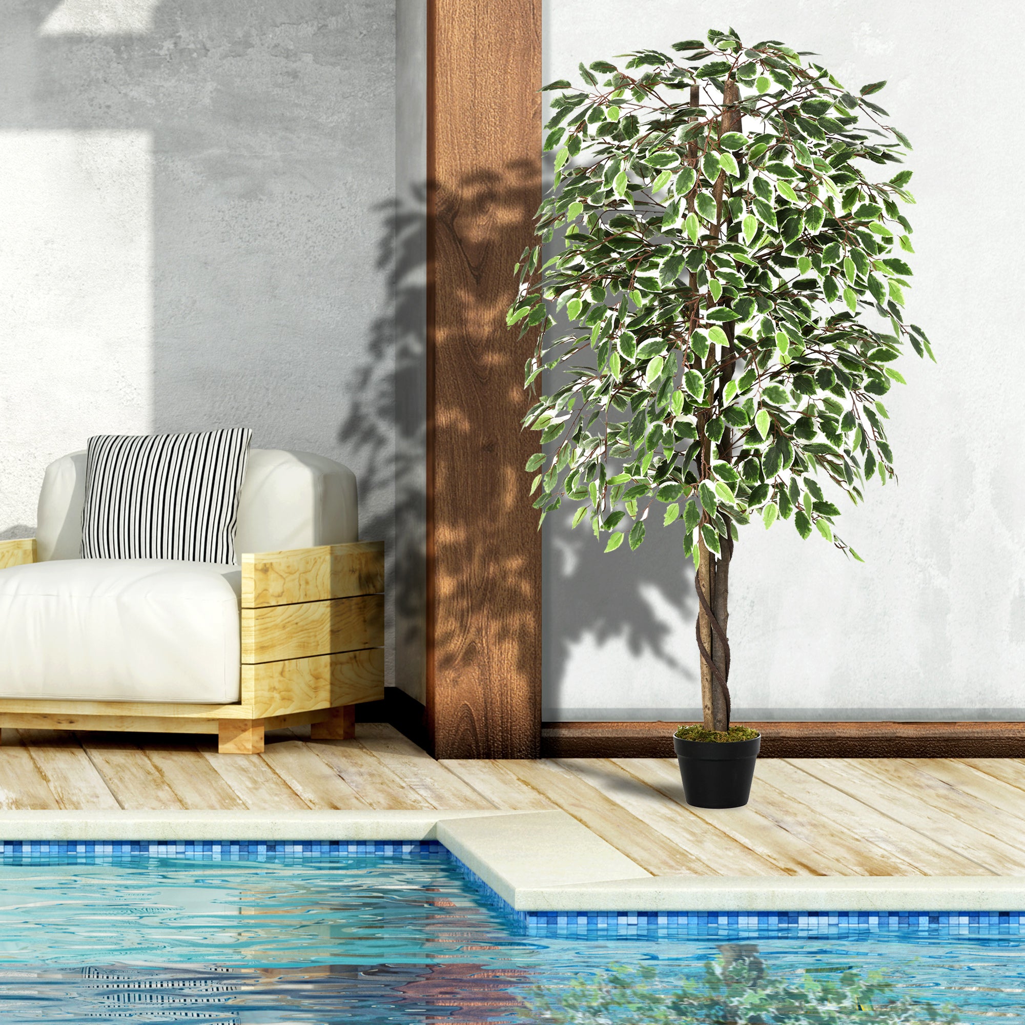 Outsunny 160cm/5.2FT Artificial Ficus Silk Tree with Nursery Pot, Decorative Fake Plant, for Indoor Outdoor Décor