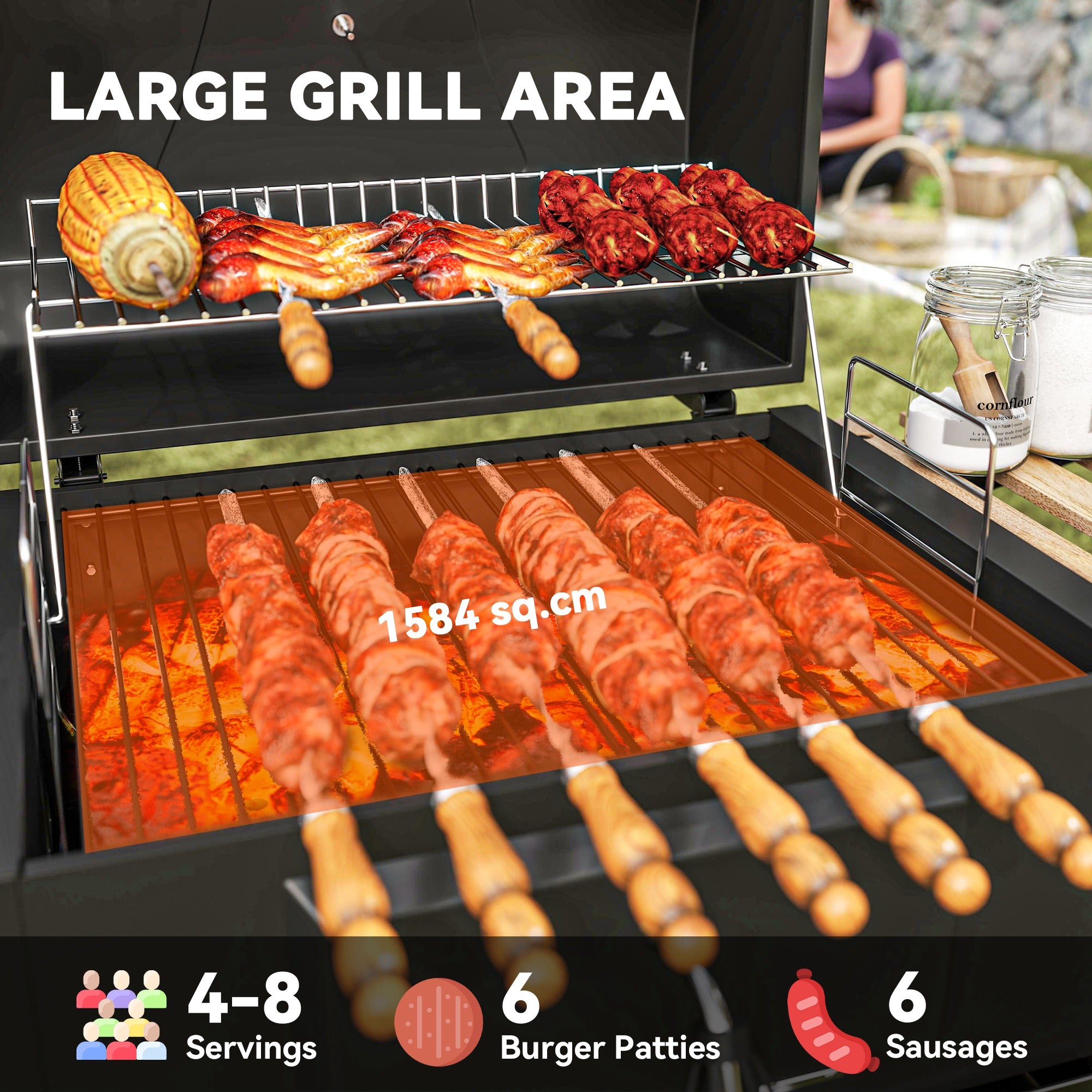 Outsunny Charcoal BBQ Grill with Height Adjustable Charcoal Pan, Portable Barbecue Smoker with Warming Rack, 3 Shelves, Temperature Gauge, Wheels, Bottle Opener for Outdoor Cooking Garden Party - North Peak Garden Furniture