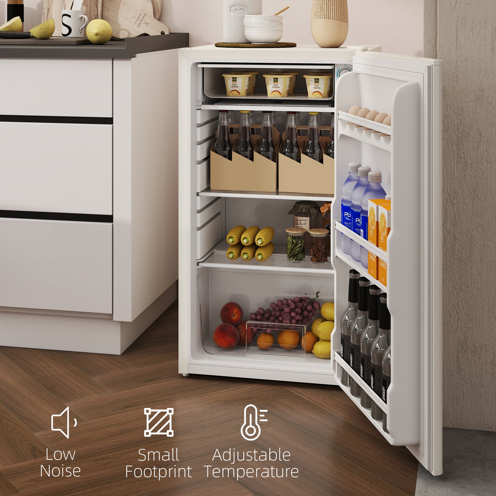HOMCOM 91 Litre Freestanding Under Counter Fridge Freezer, Small Fridge with Chiller Box, Adjustable Thermostat, 47.5cm Wide, Beige