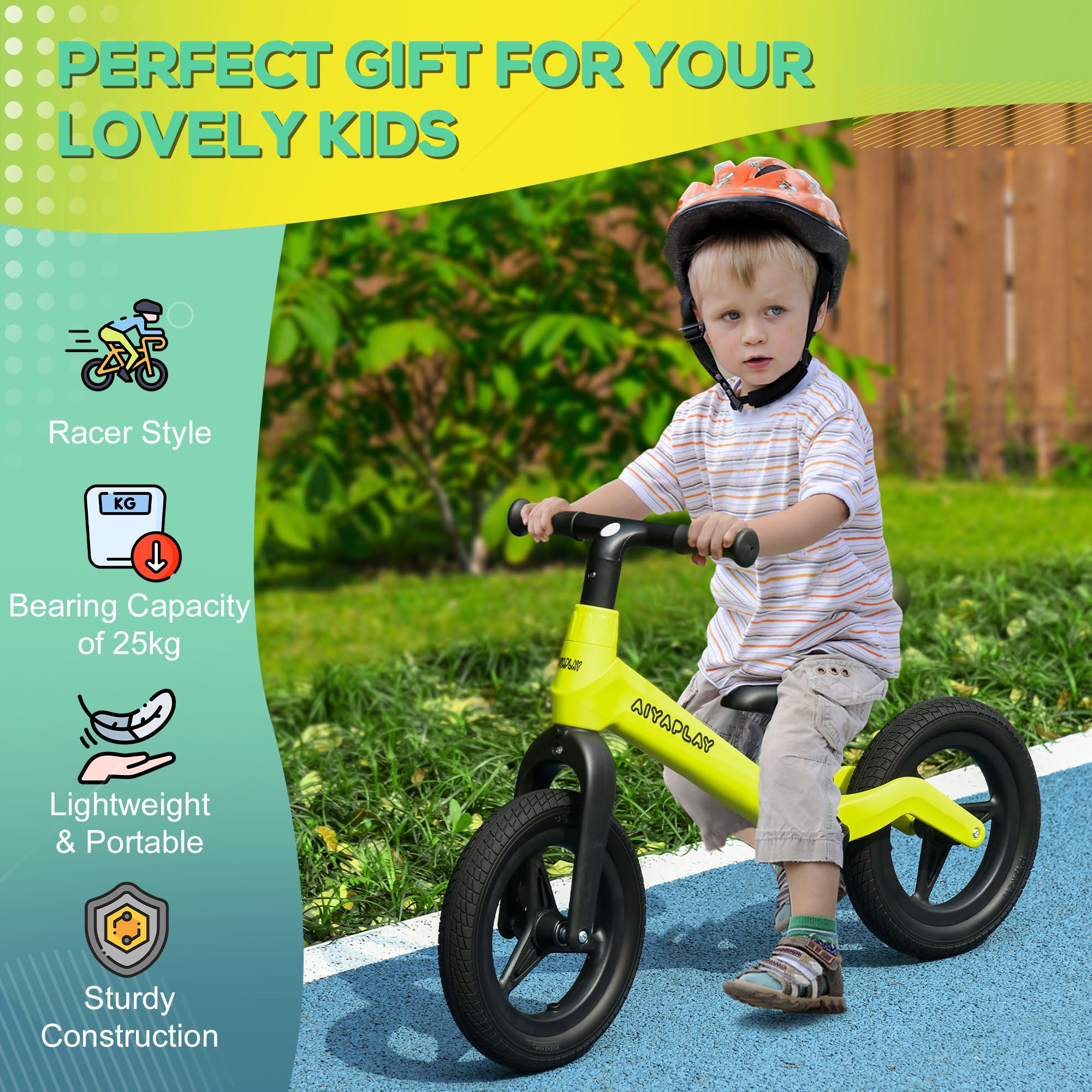 AIYAPLAY Balance Bike with Adjustable Seat and Handlebar, PU Wheels, No Pedal, for Ages 30-60 Months - Green - North Peak Garden Furniture