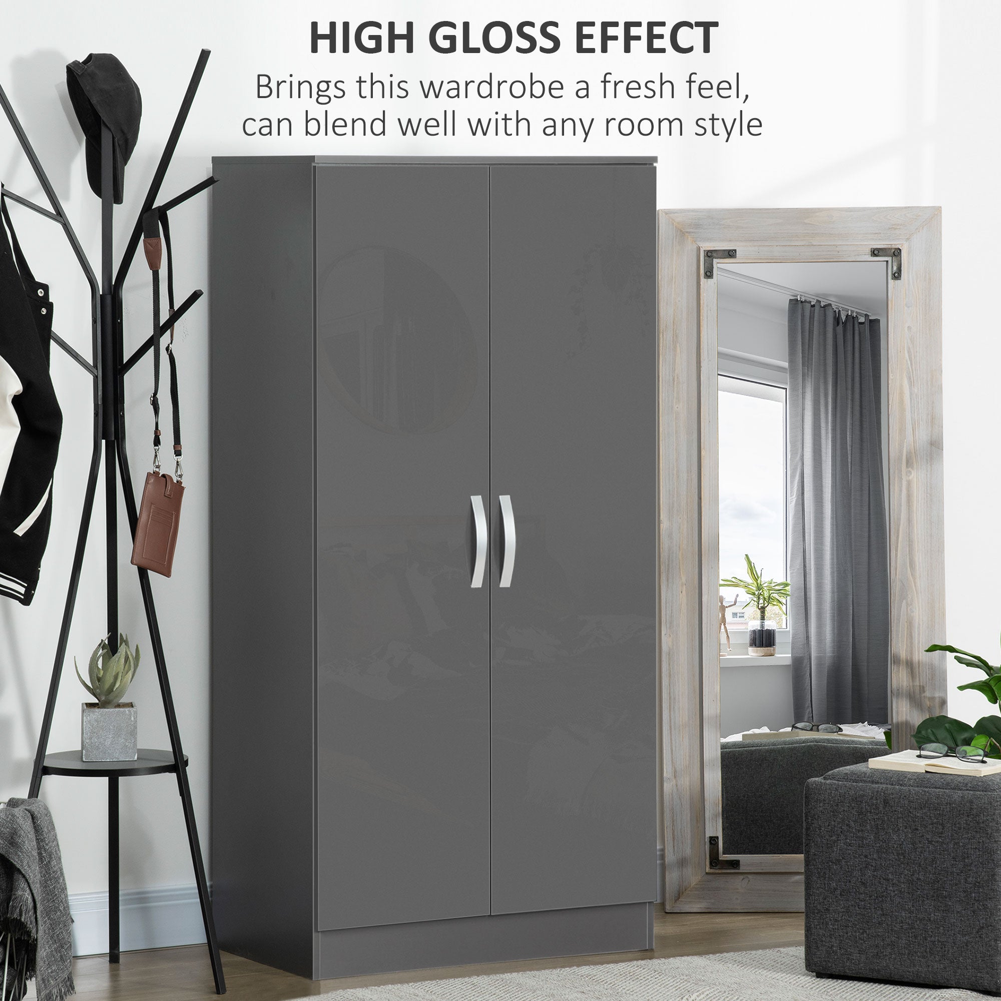 HOMCOM High Gloss Wardrobe, 2 Door Wardrobe with Hanging Rod and Storage Shelf, Clothes Storage Organizer with Anti-tipping Design for Bedroom, Grey - North Peak Garden Furniture