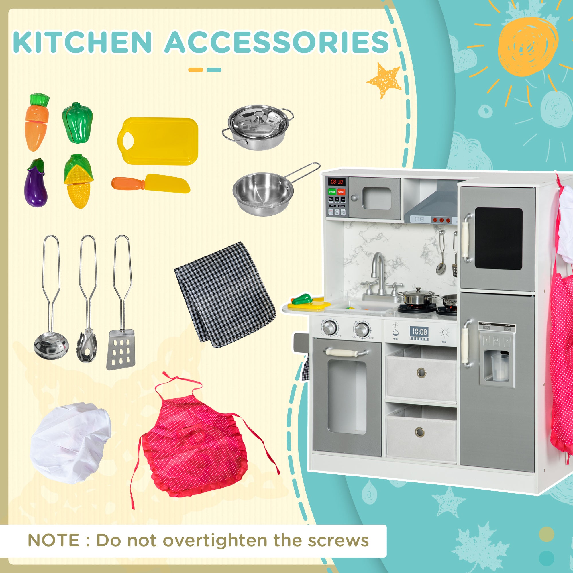 AIYAPLAY Toy Kitchen with Lights, Sounds, Apron and Chef Hat, Ice Maker, Microwave, for Ages 3-6 Years - White - North Peak Garden Furniture