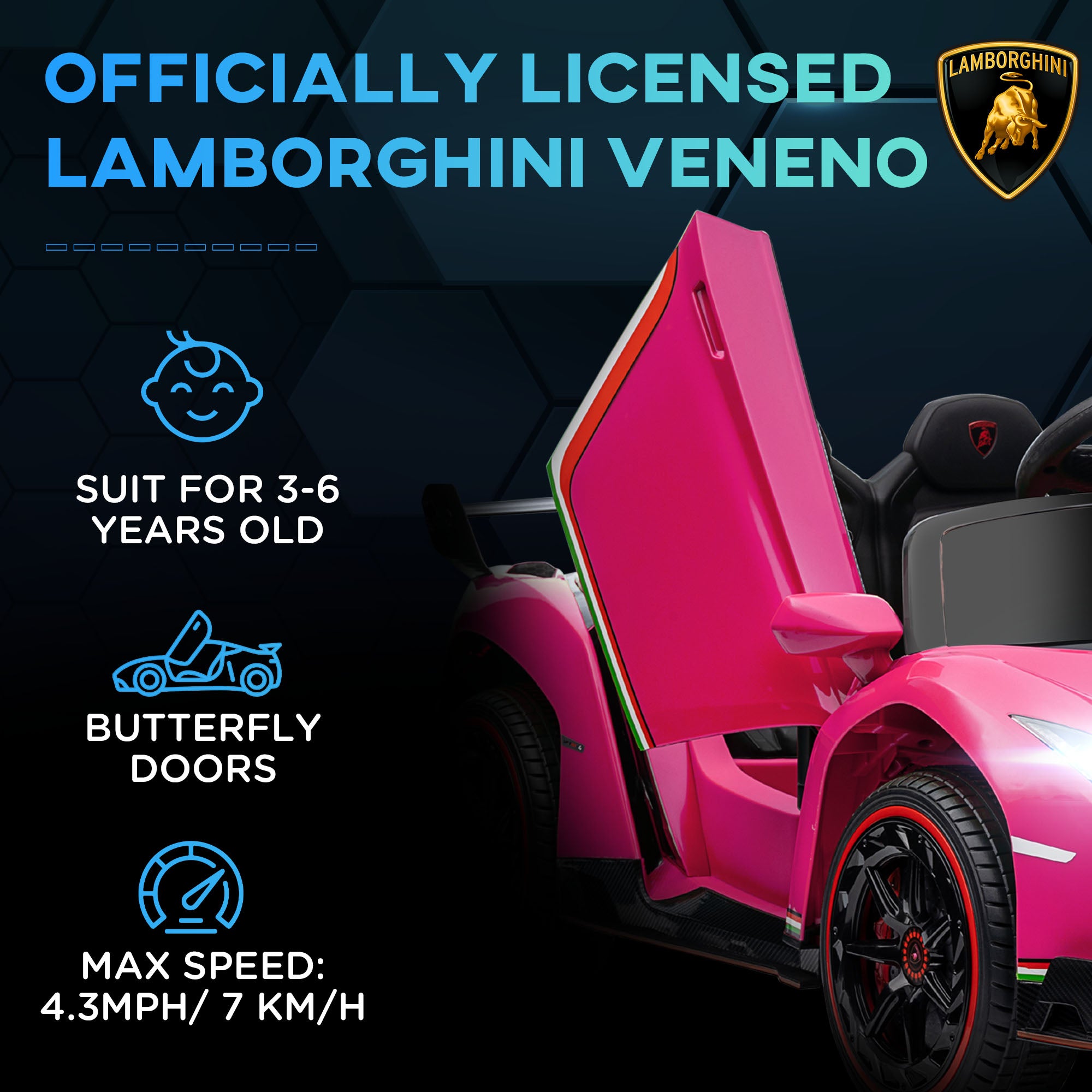 HOMCOM Lamborghini Veneno Licensed Electric Ride-On Car, with Remote, Music, Horn - Pink - North Peak Garden Furniture