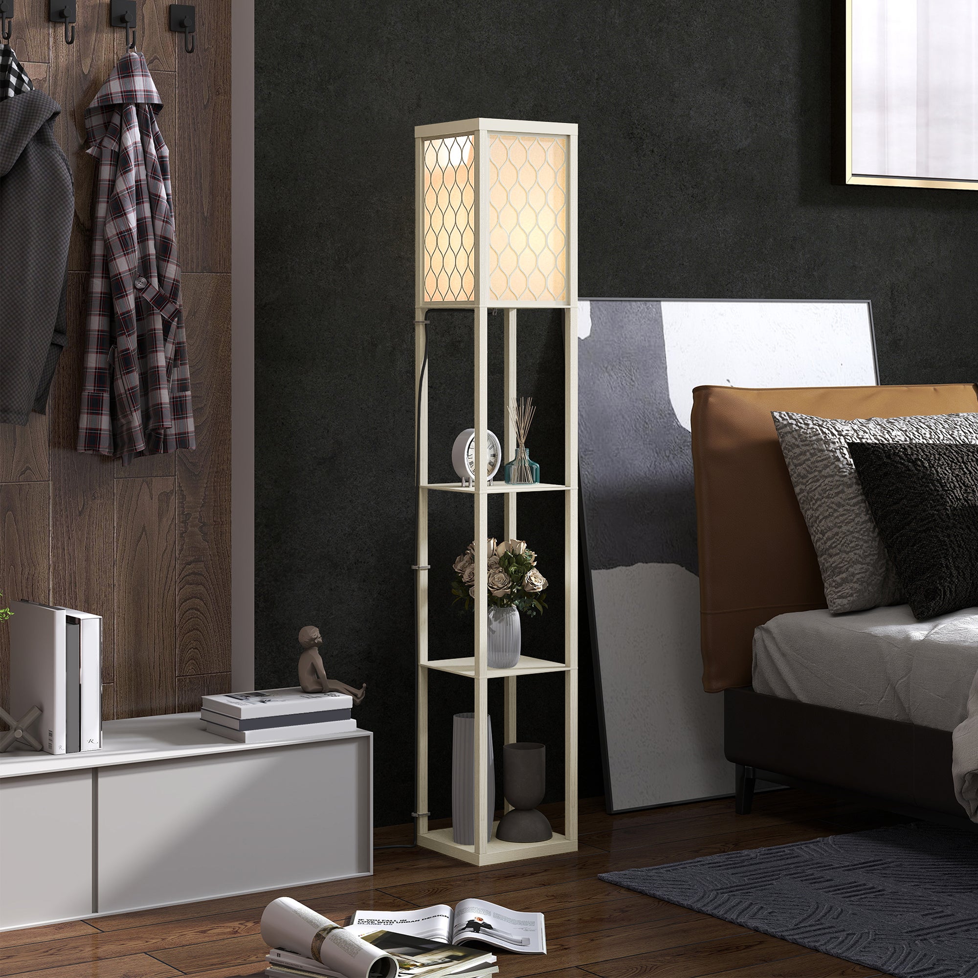 HOMCOM Three-Shelf Standing Lamp - Oak/White - North Peak Garden Furniture