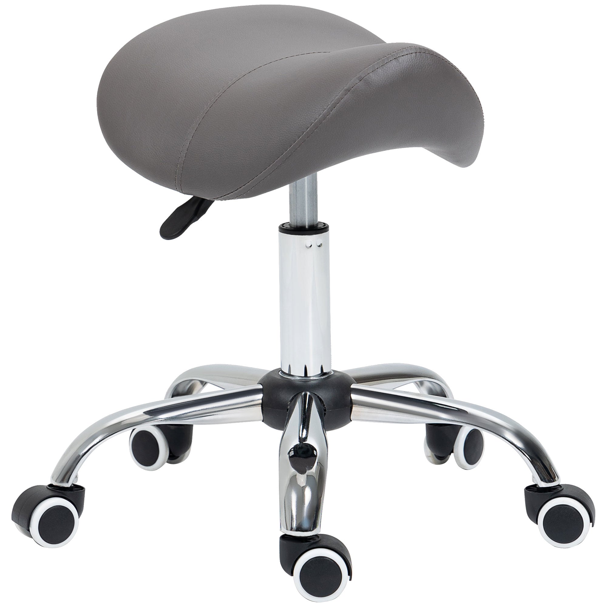 HOMCOM Cosmetic Stool 360° Rotate Height Adjustable Salon Massage Spa Chair Hydraulic Rolling Faux Leather Saddle Stool, Grey - North Peak Garden Furniture