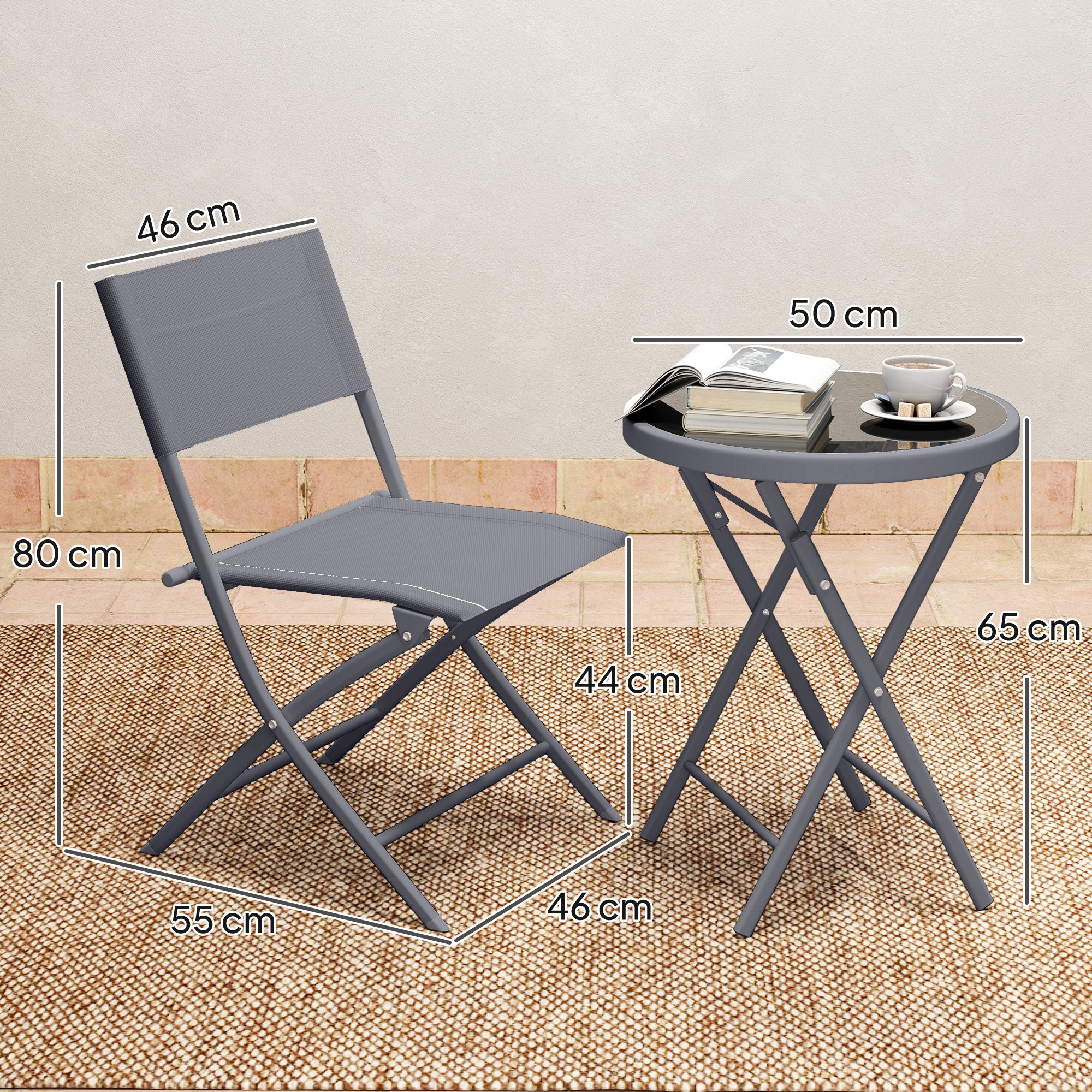 Outsunny 3 Pieces Outdoor Bistro Set, Glass Top Outdoor Table and 2 Folding Chairs with Protecting Feet, Grey - North Peak Garden Furniture