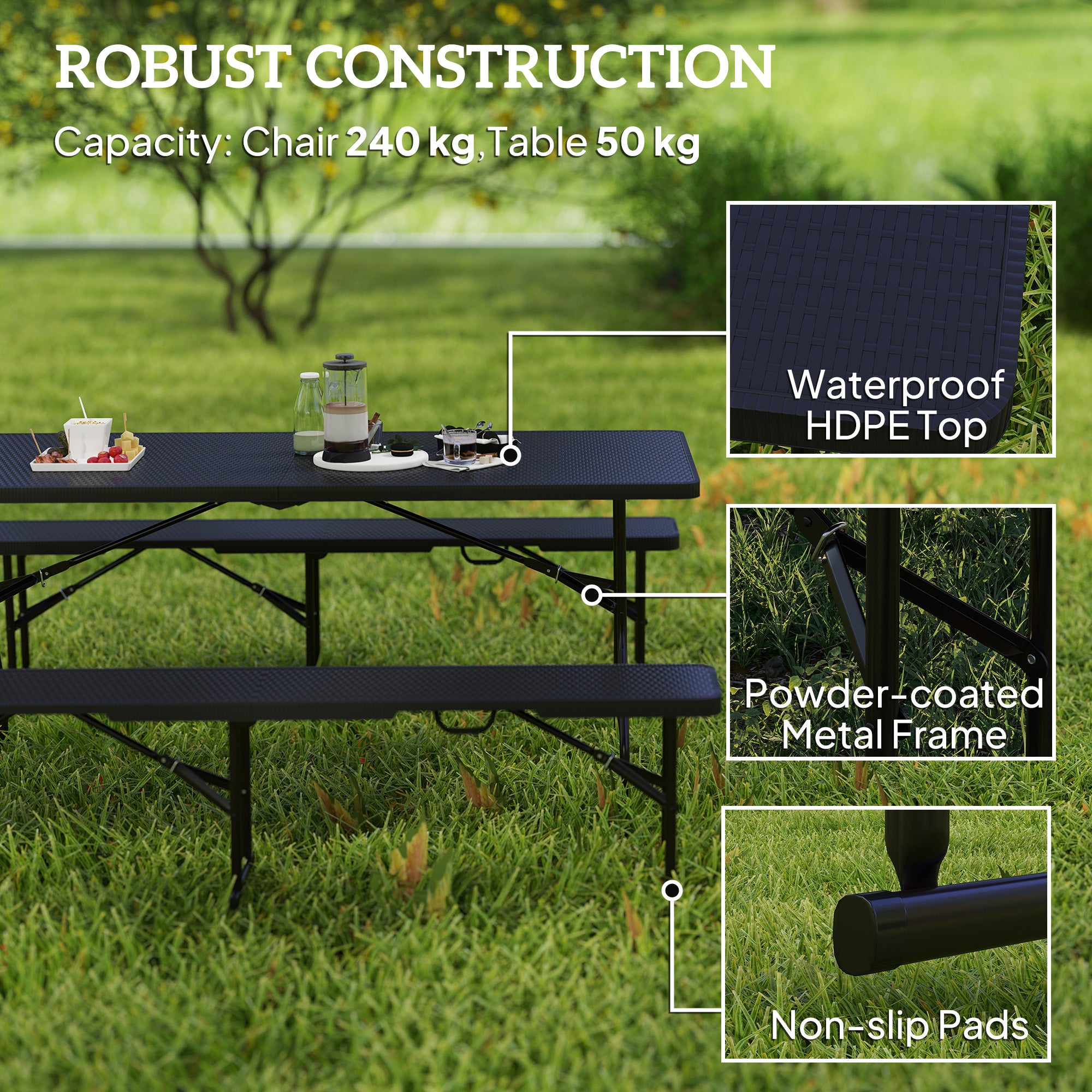 Outsunny Folding Picnic Table and Bench Set, Rattan Effect Portable Camping Table and Chairs with Carrying Handles for Indoor Outdoor, Dining, Camping, Picnic, BBQ, Party, Black - North Peak Garden Furniture