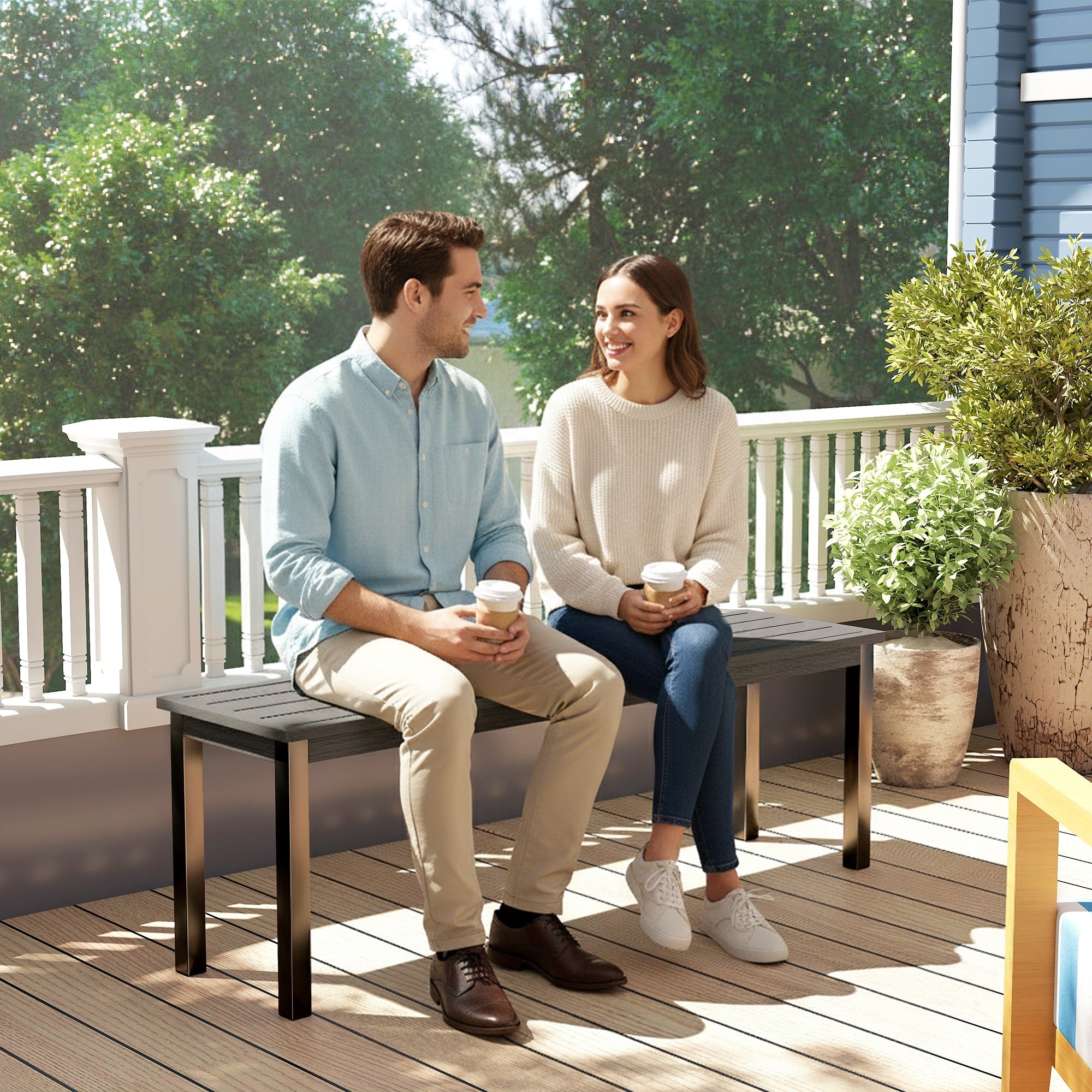 Outsunny 2 Seater Garden Bench, Outdoor Bench Loveseat with Wood-Effect Slatted Seat and Steel Frame for Patio, Park, Grey