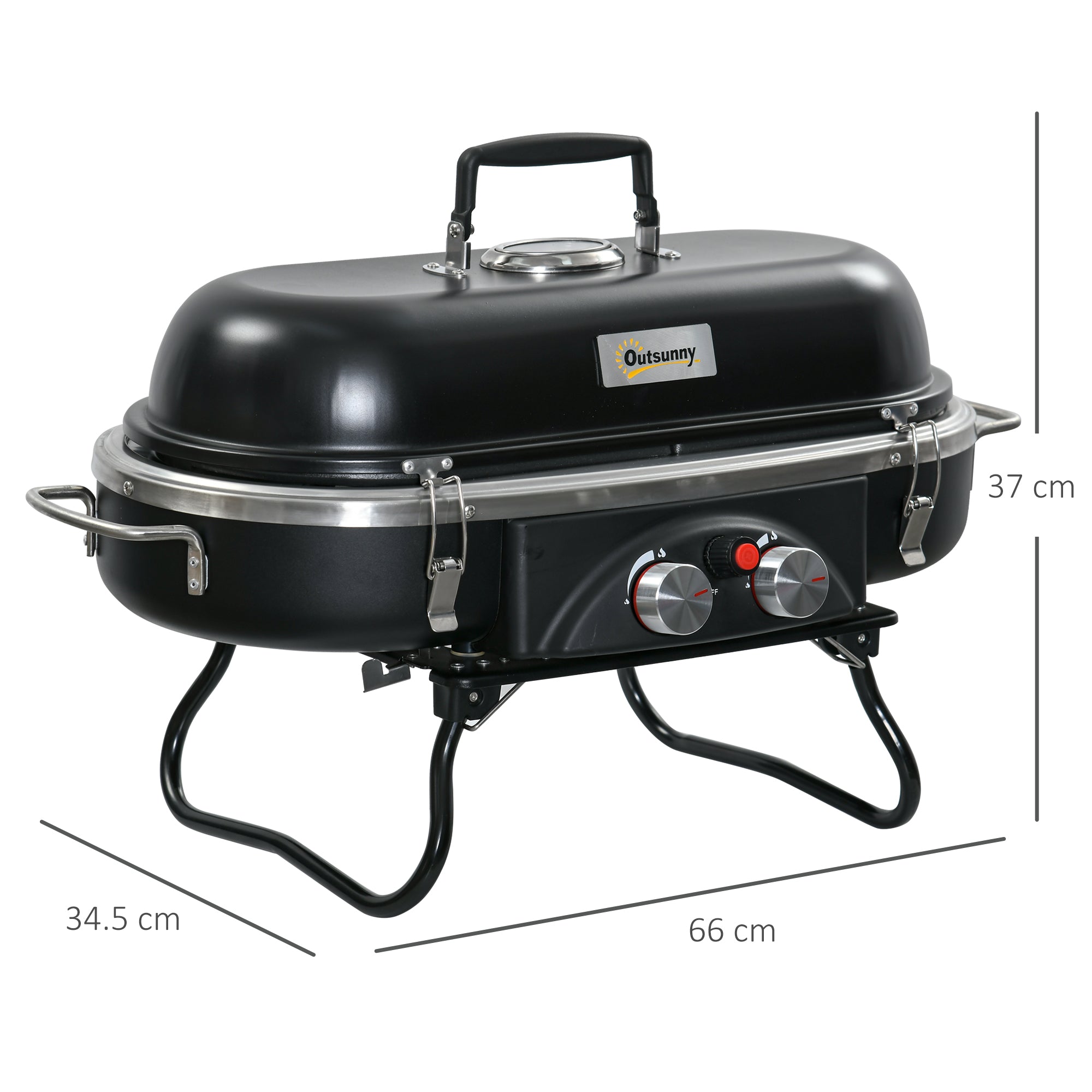 Outsunny Foldable Gas BBQ Grill 2 Burner Table Top Barbecue with Lid Piezo Ignition Thermometer for Camping Picnic Cooking, Aluminium Alloy